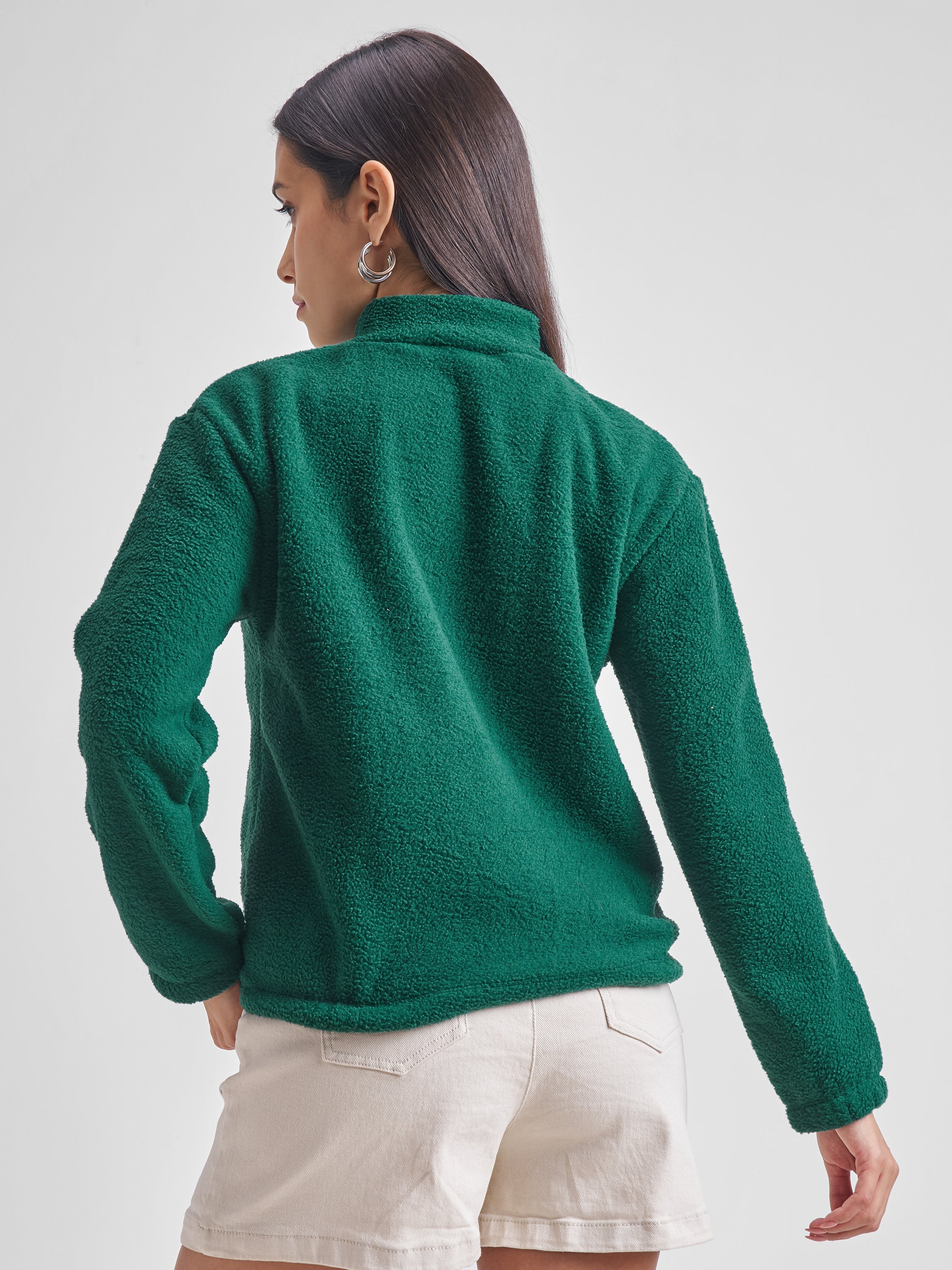 Tokyo Talkies Women Green Solid Pullover High Neck Sweatshirt - Green - Image 3