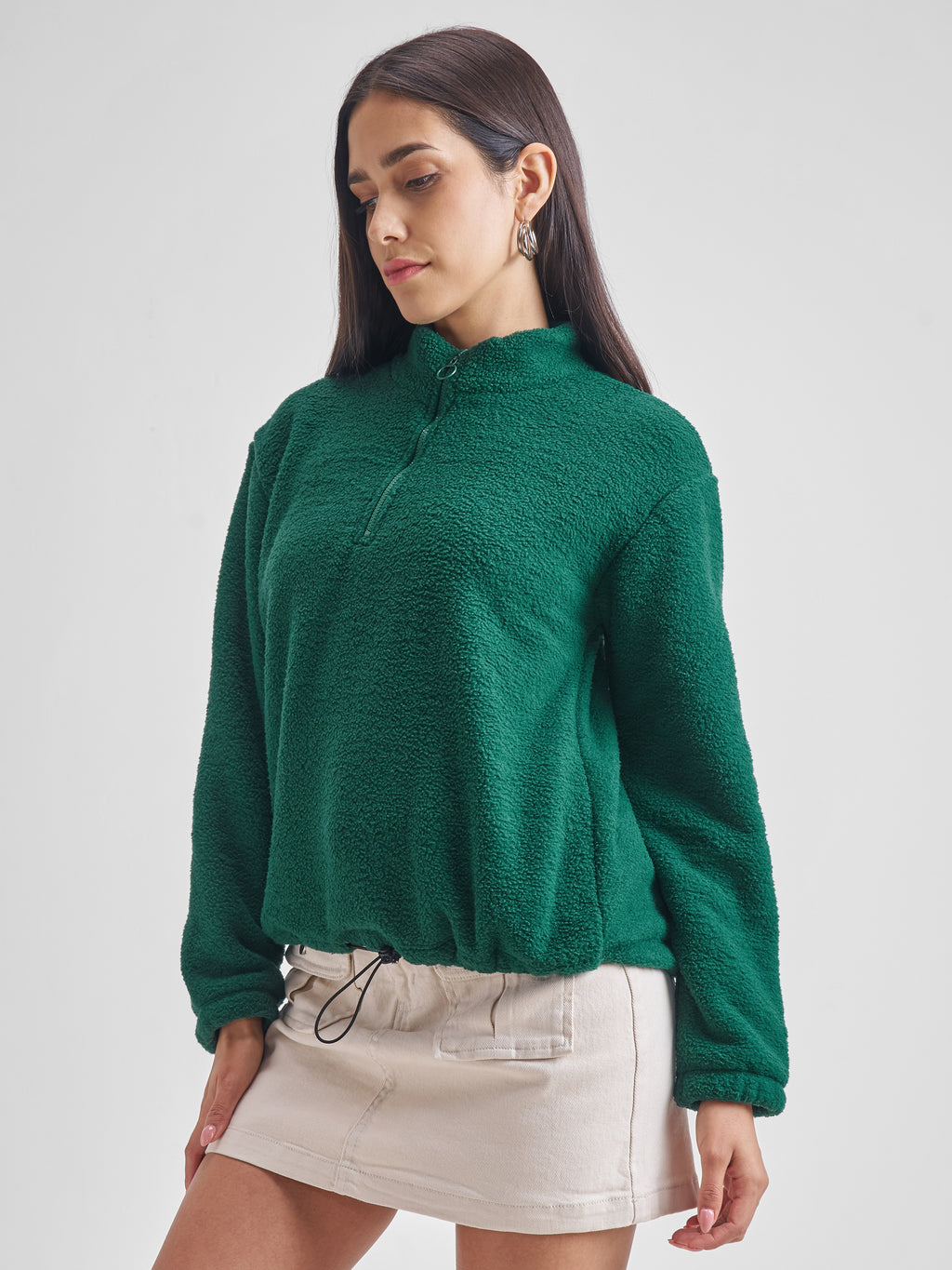 Tokyo Talkies Women Green Solid Pullover High Neck Sweatshirt - Green - Image 4
