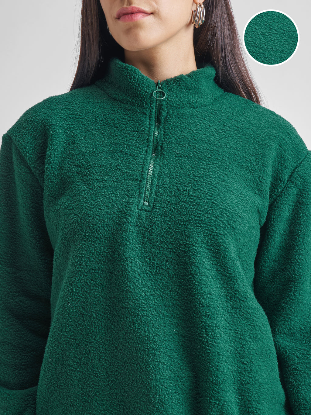 Tokyo Talkies Women Green Solid Pullover High Neck Sweatshirt - Green - Image 5