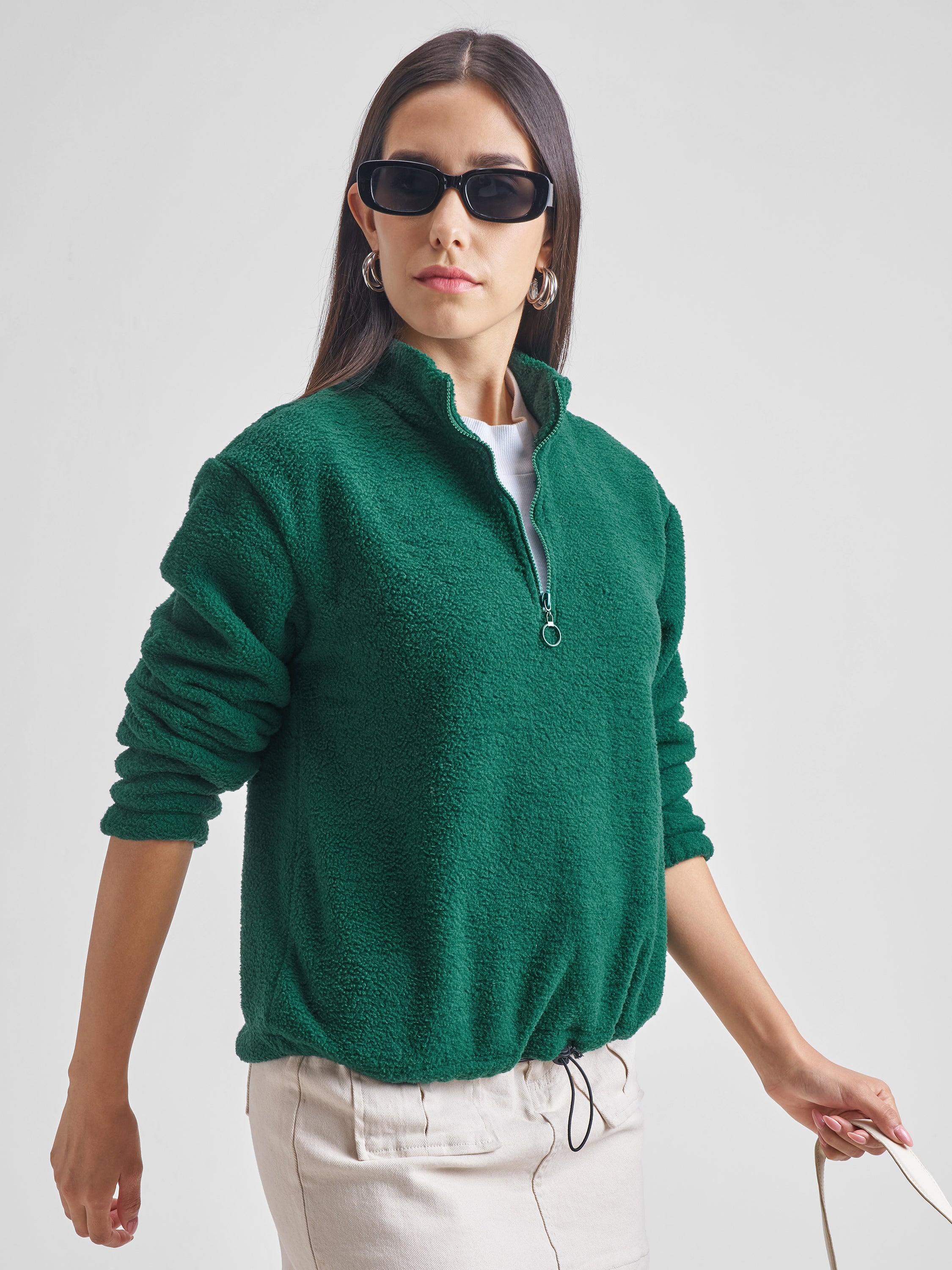 Tokyo Talkies Women Green Solid Pullover High Neck Sweatshirt - Green - Image 6