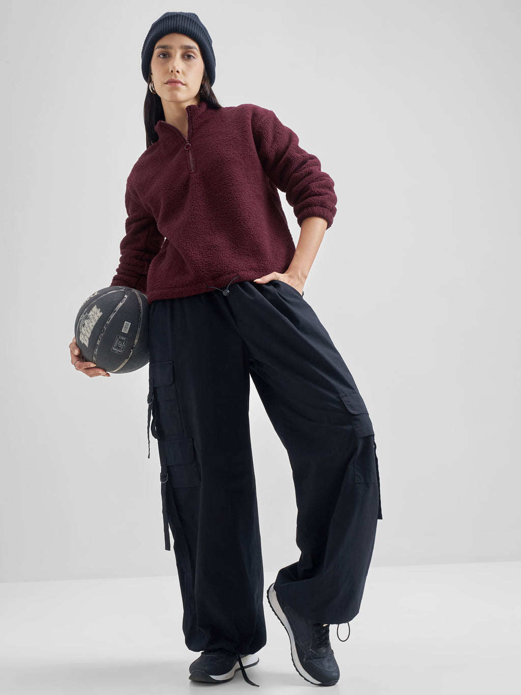 Tokyo Talkies Women Maroon Solid Pullover High Neck Sweatshirt - Maroon - Image 2