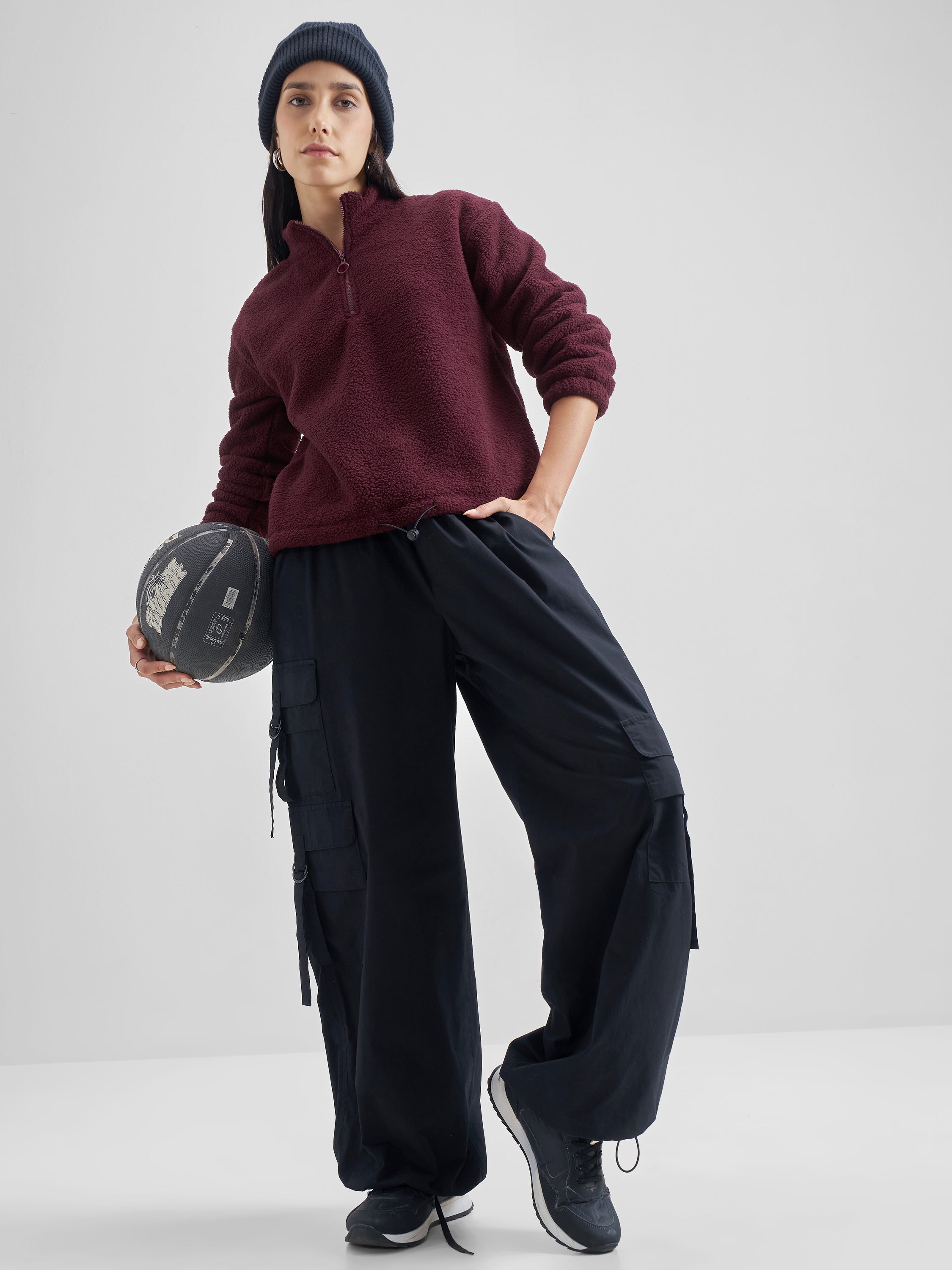 Tokyo Talkies Women Maroon Solid Pullover High Neck Sweatshirt - Maroon - Image 2