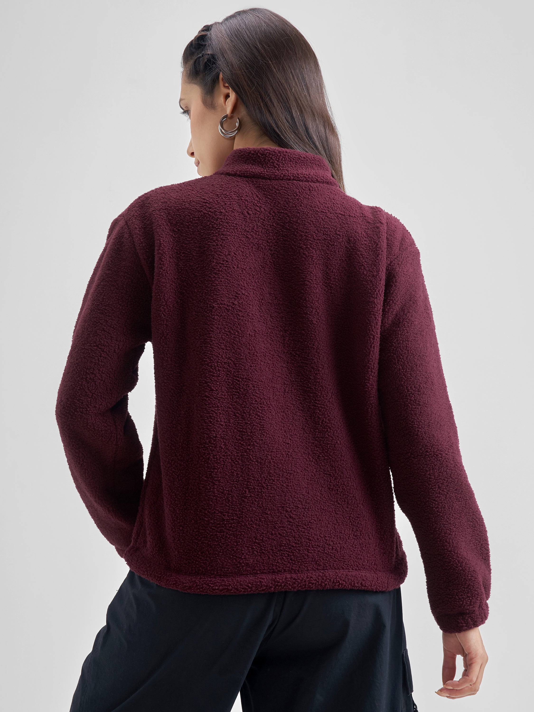 Tokyo Talkies Women Maroon Solid Pullover High Neck Sweatshirt - Maroon - Image 3