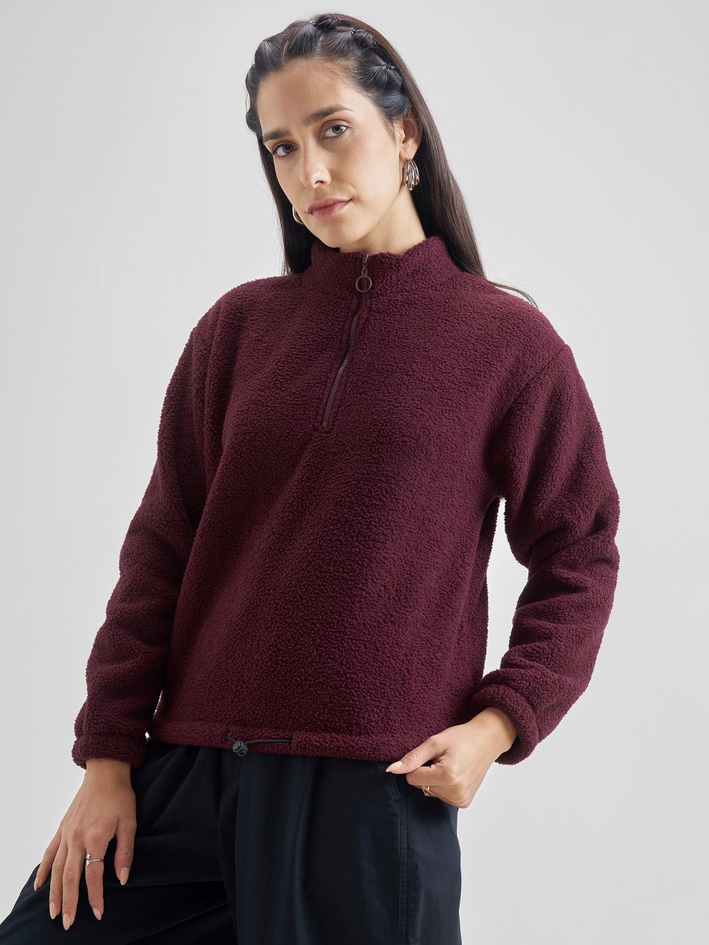 Tokyo Talkies Women Maroon Solid Pullover High Neck Sweatshirt - Maroon - Image 4