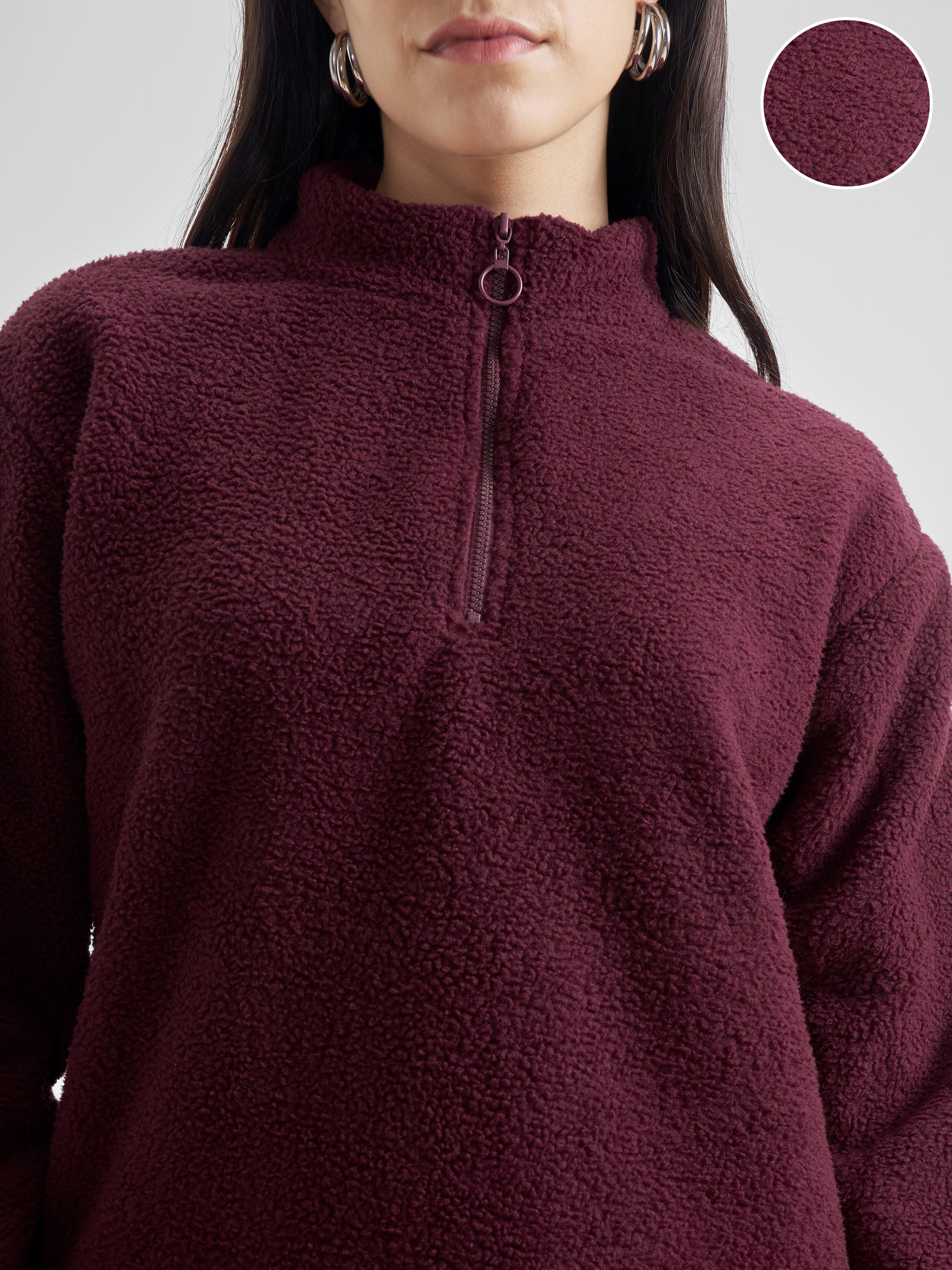 Tokyo Talkies Women Maroon Solid Pullover High Neck Sweatshirt - Maroon - Image 5