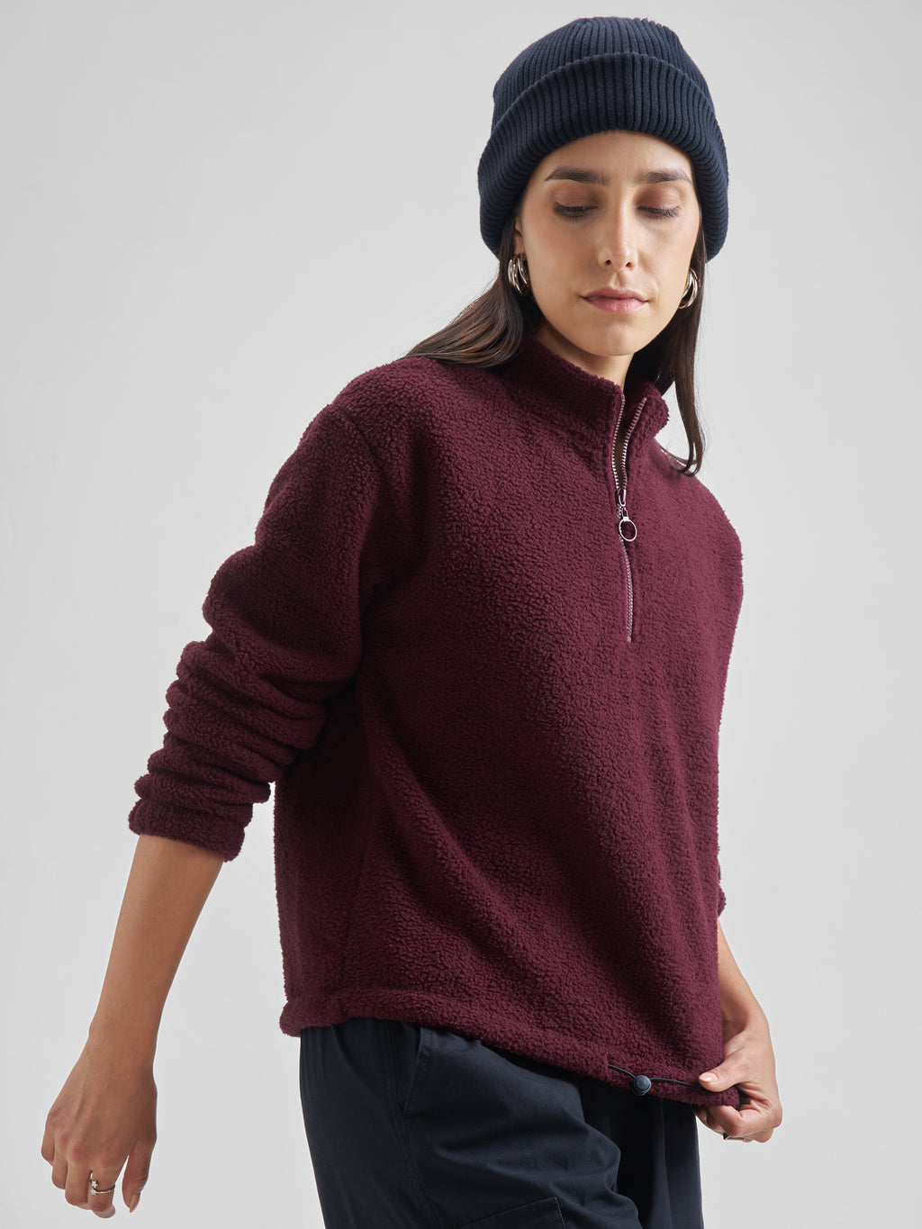 Tokyo Talkies Women Maroon Solid Pullover High Neck Sweatshirt - Maroon - Image 6