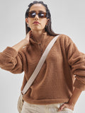 Tokyo Talkies Women Brown Solid Pullover High Neck Sweatshirt - Brown - Image 1
