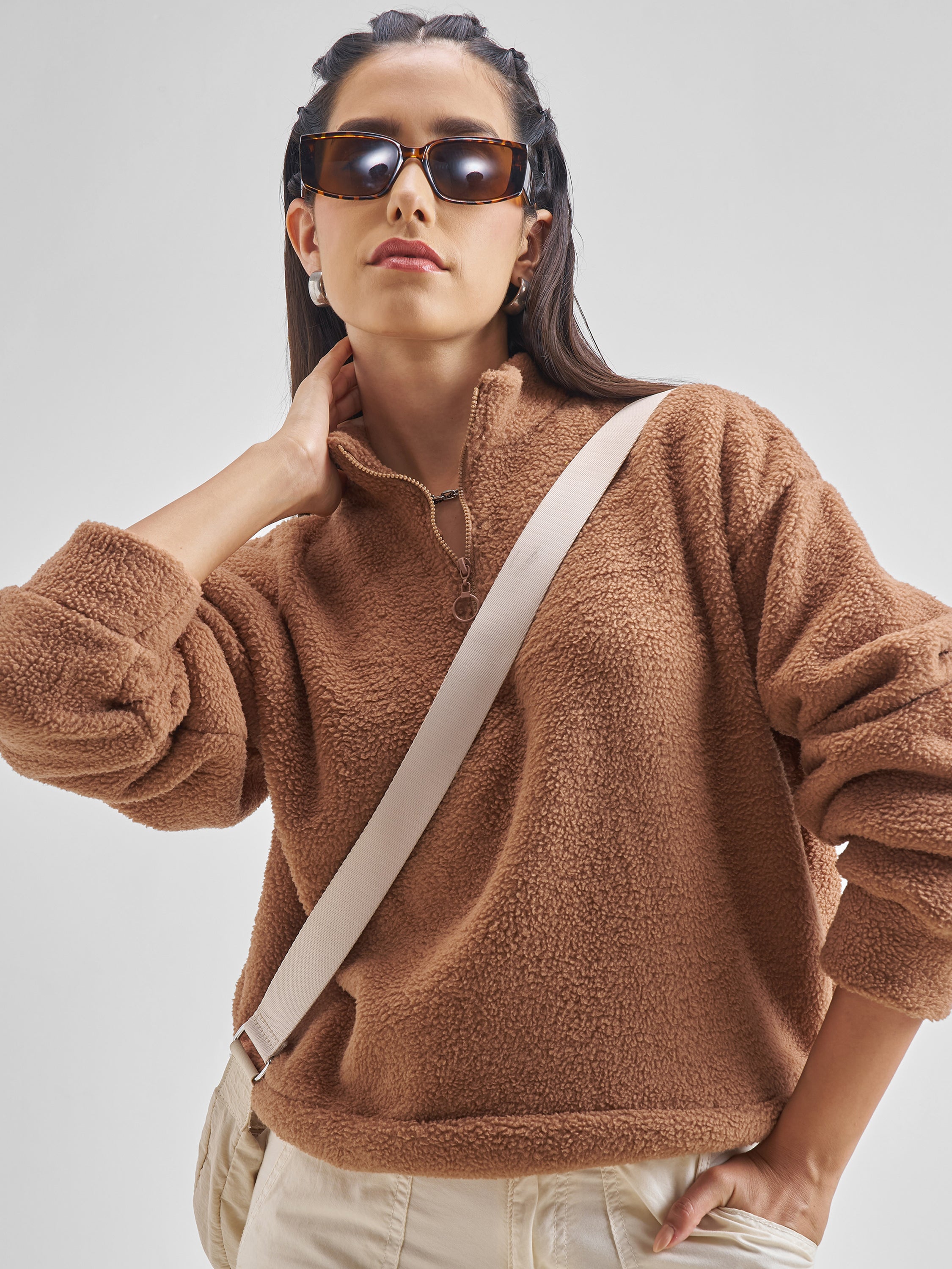 Tokyo Talkies Women Brown Solid Pullover High Neck Sweatshirt - Brown - Image 1