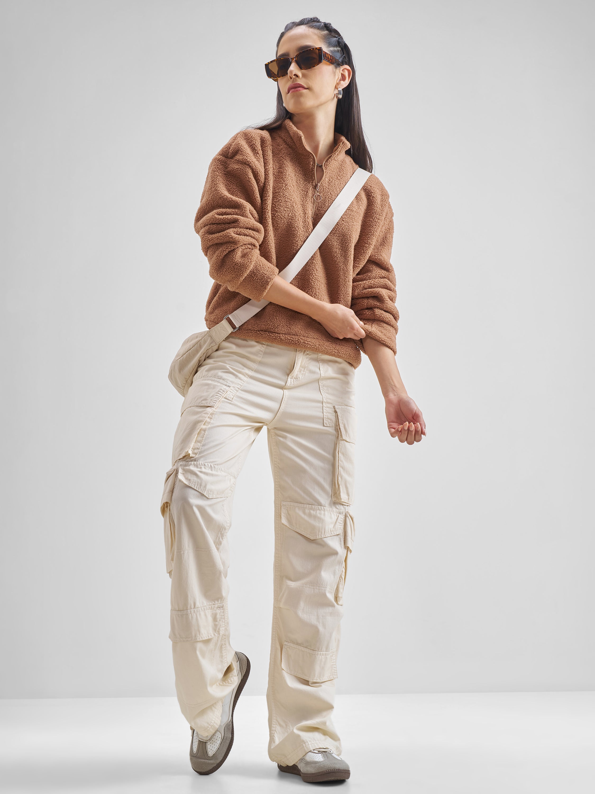 Tokyo Talkies Women Brown Solid Pullover High Neck Sweatshirt - Brown - Image 2