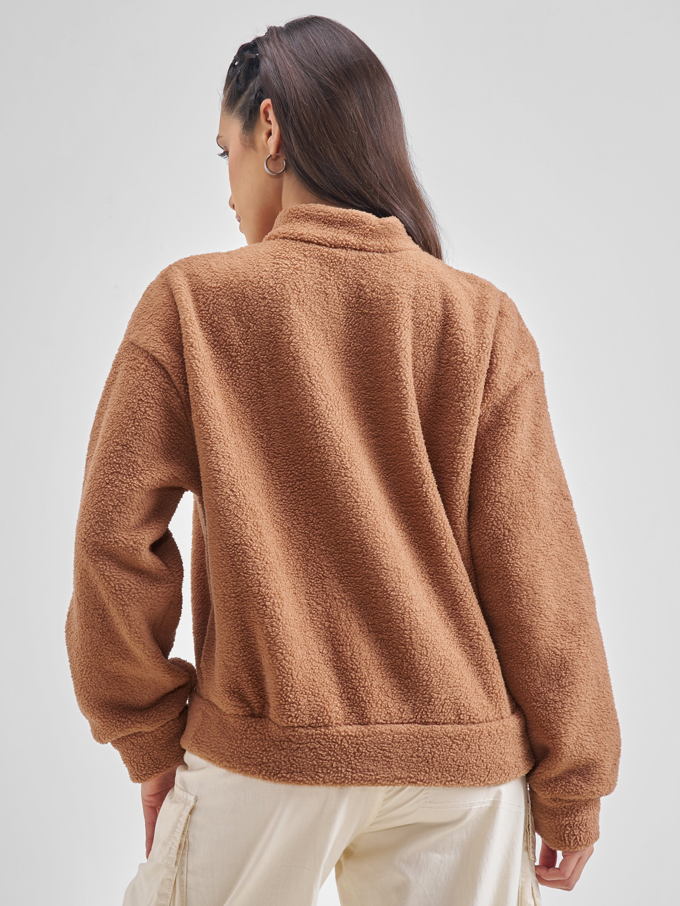 Tokyo Talkies Women Brown Solid Pullover High Neck Sweatshirt - Brown - Image 3