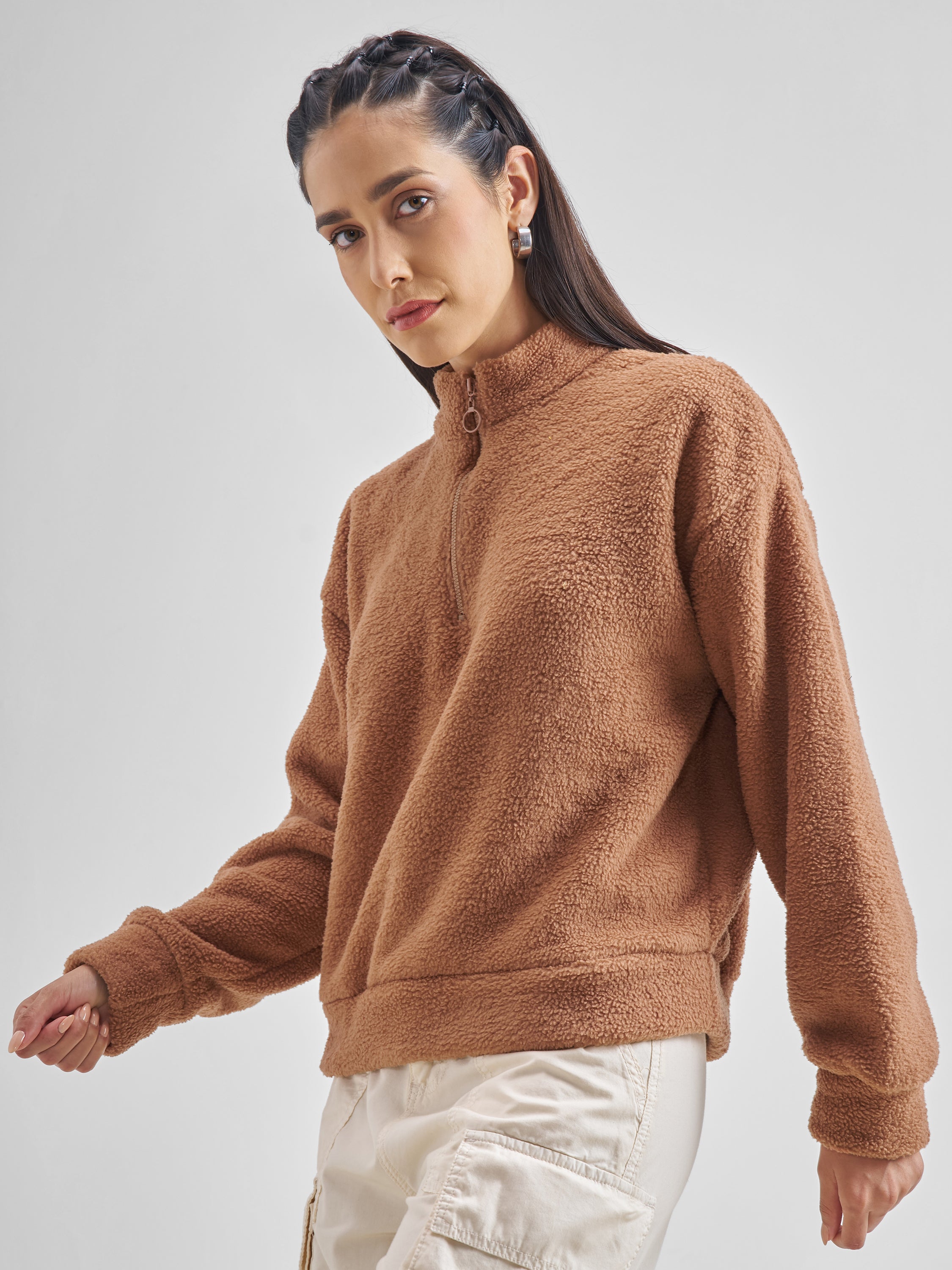 Tokyo Talkies Women Brown Solid Pullover High Neck Sweatshirt - Brown - Image 4
