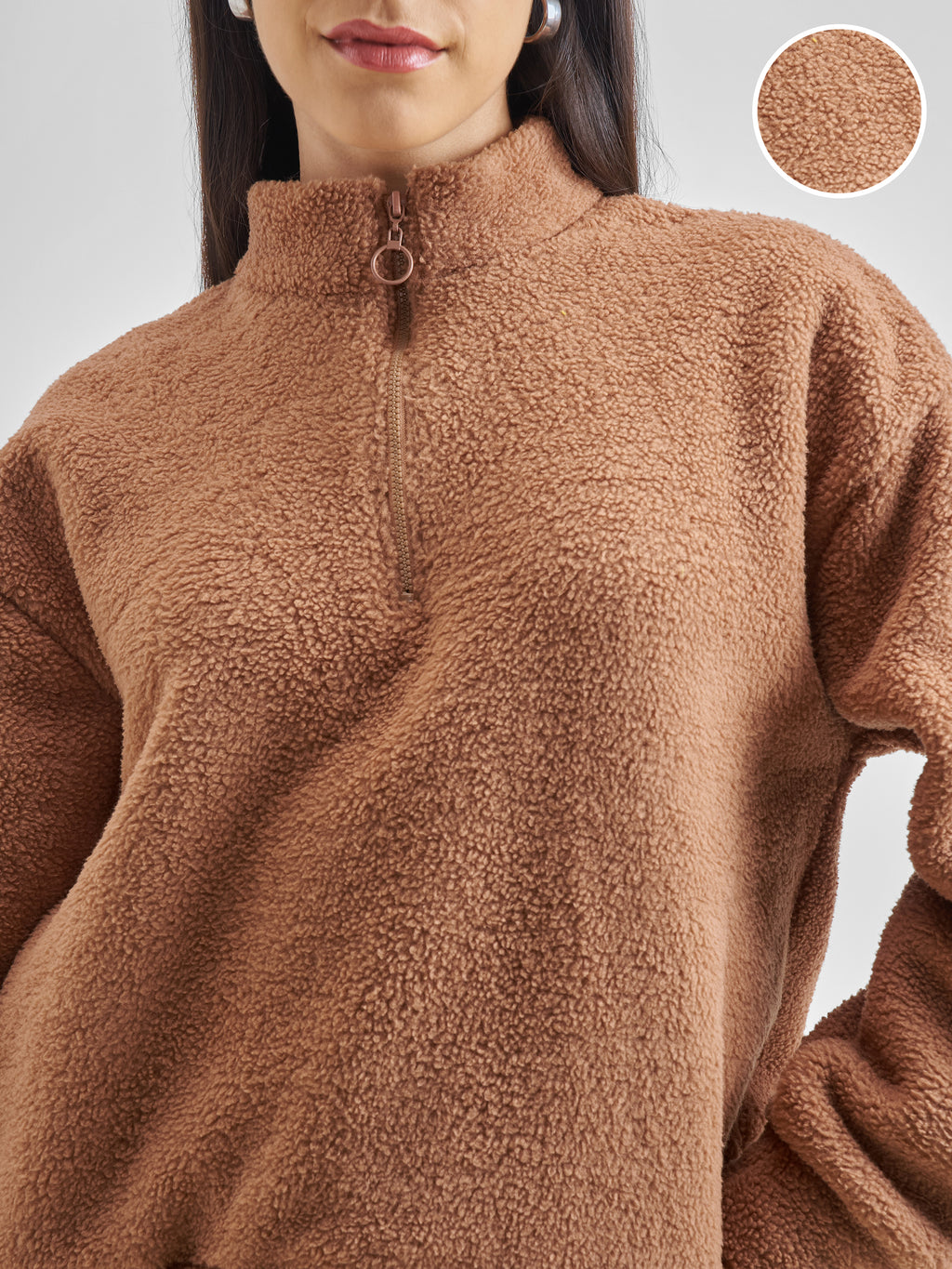 Tokyo Talkies Women Brown Solid Pullover High Neck Sweatshirt - Brown - Image 5