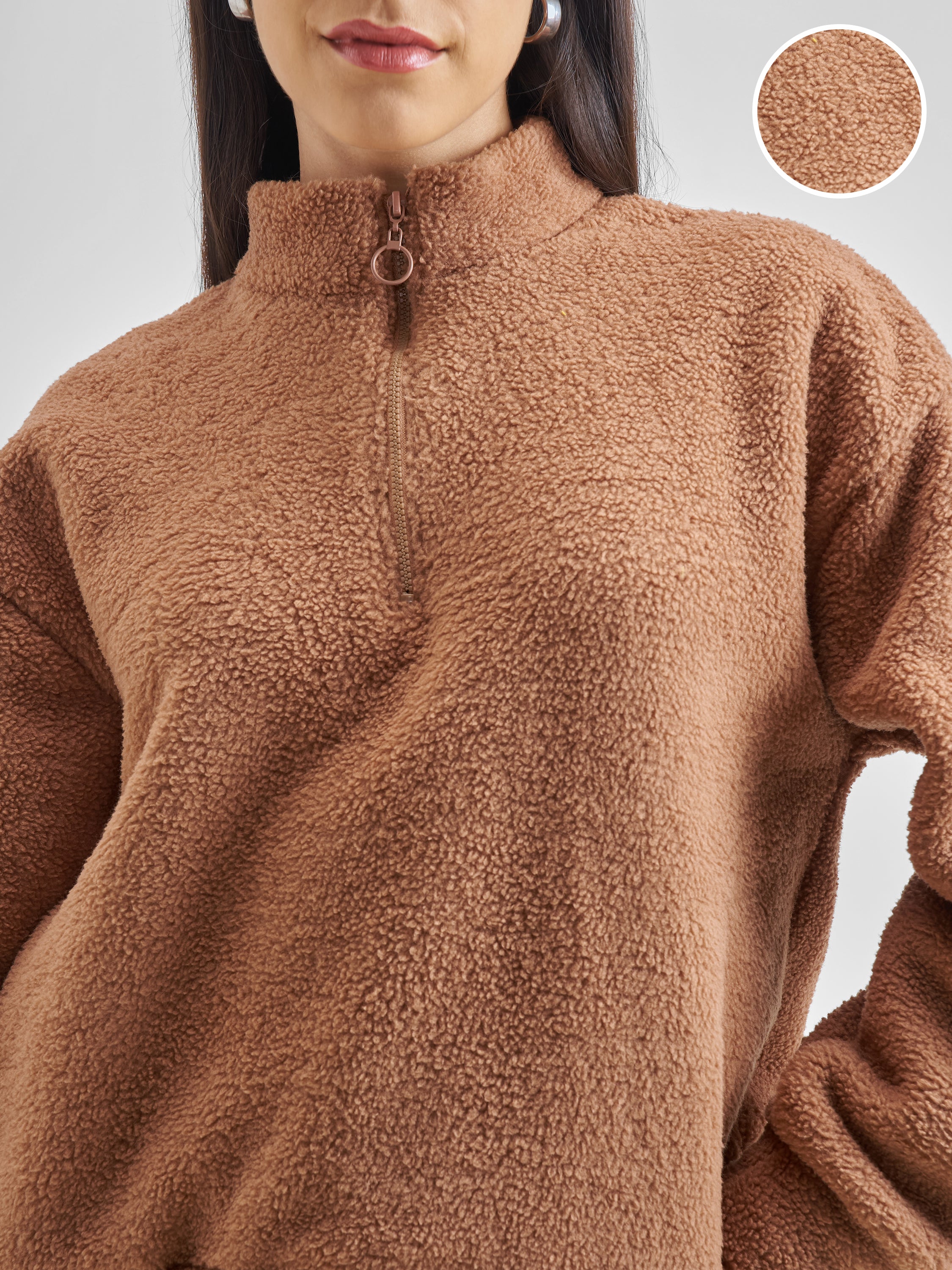 Tokyo Talkies Women Brown Solid Pullover High Neck Sweatshirt - Brown - Image 5