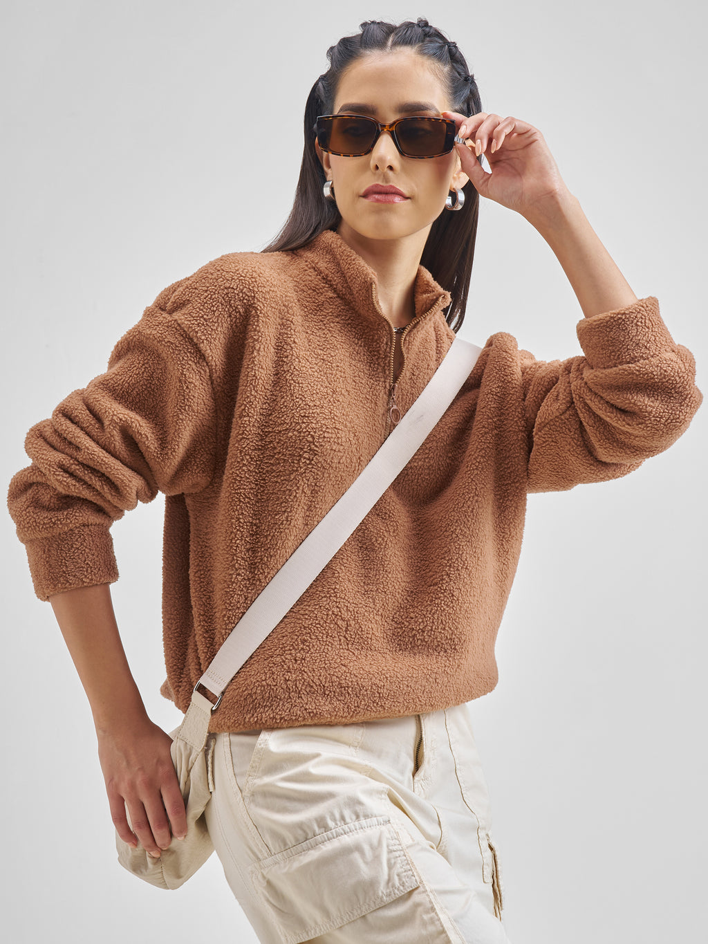 Tokyo Talkies Women Brown Solid Pullover High Neck Sweatshirt - Brown - Image 6
