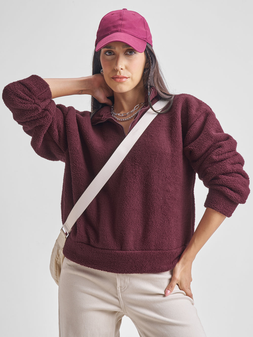 Tokyo Talkies Women Maroon Solid Pullover High Neck Sweatshirt - Maroon - Image 1