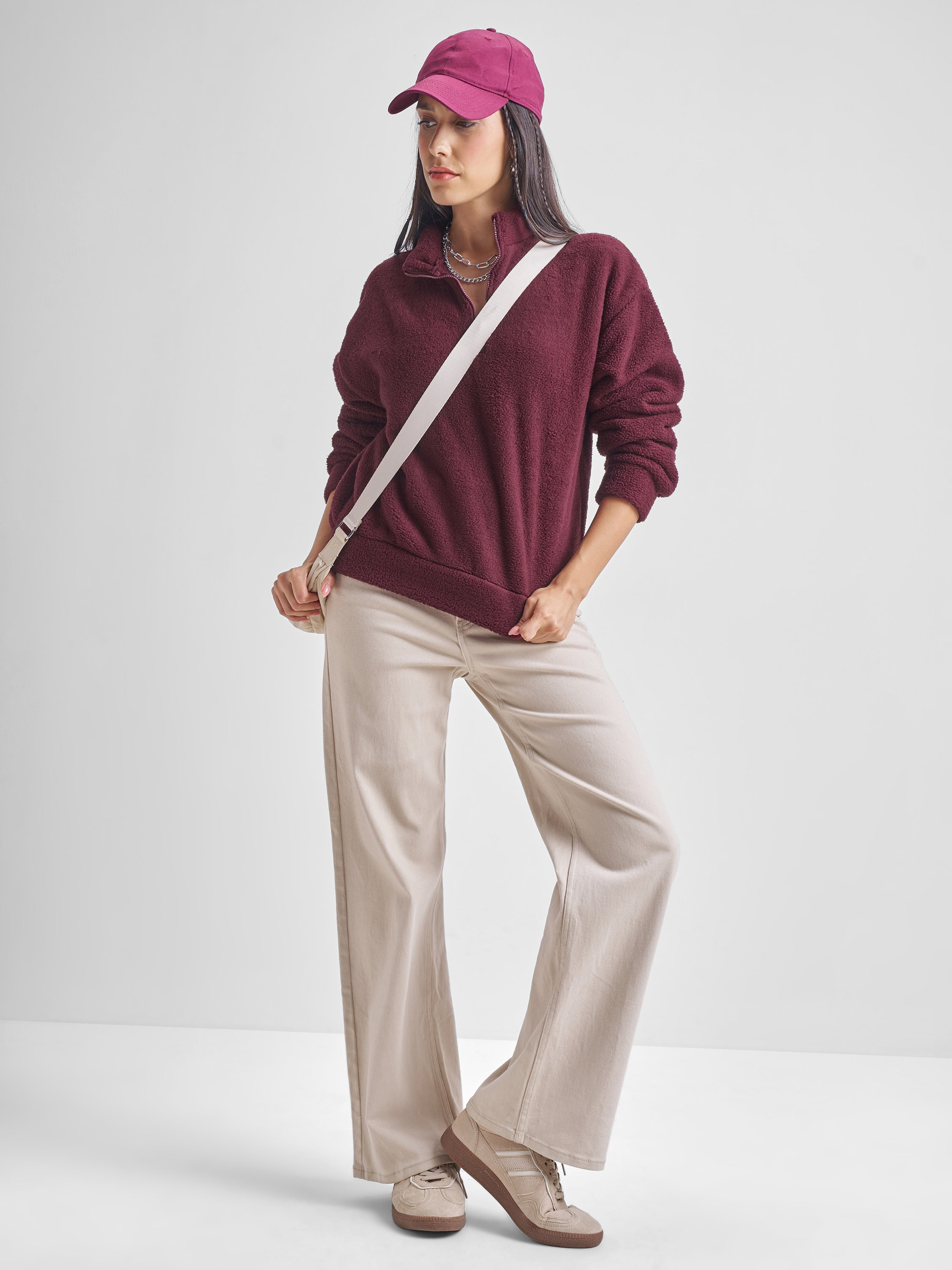 Tokyo Talkies Women Maroon Solid Pullover High Neck Sweatshirt - Maroon - Image 2