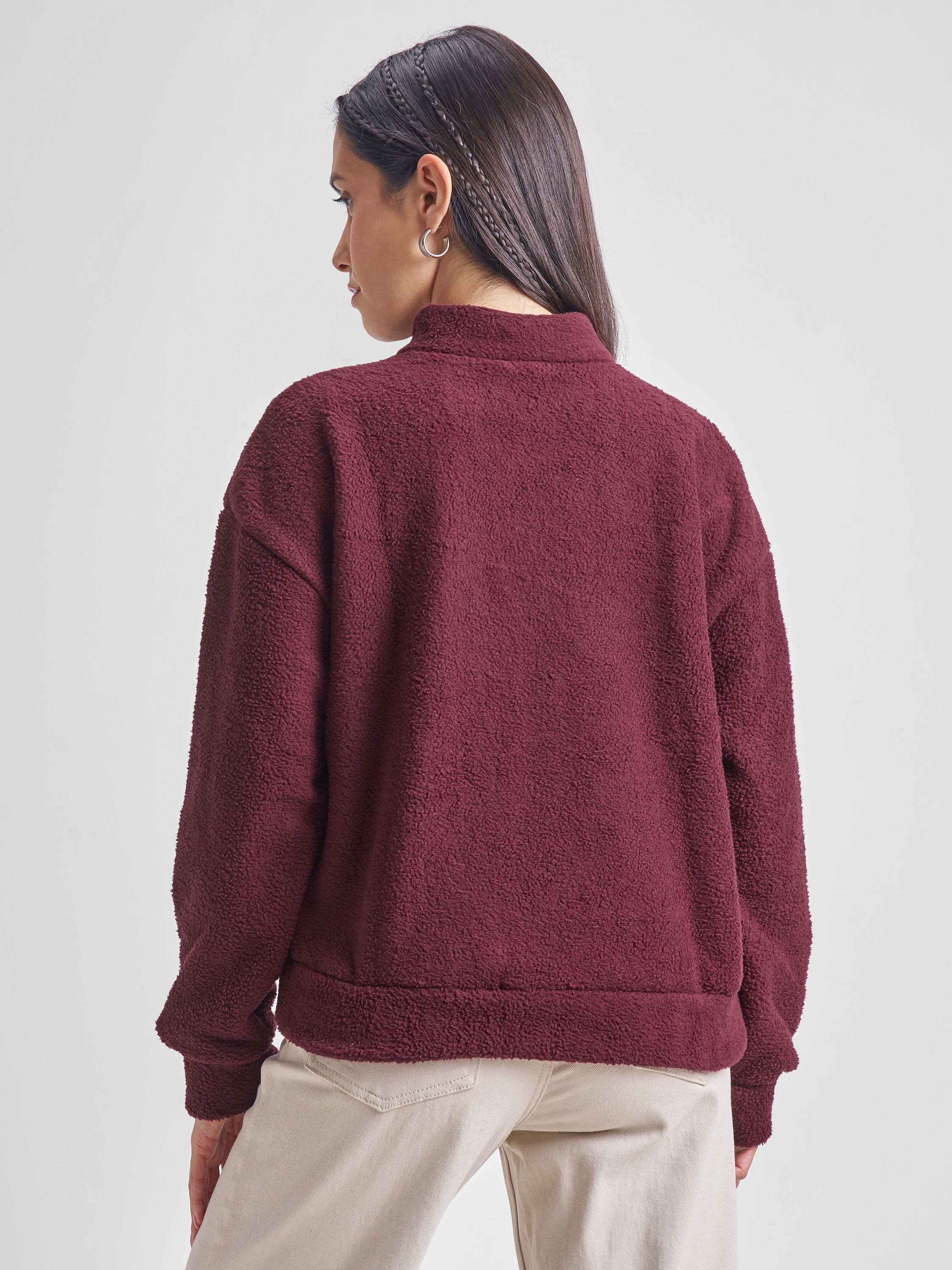 Tokyo Talkies Women Maroon Solid Pullover High Neck Sweatshirt - Maroon - Image 3