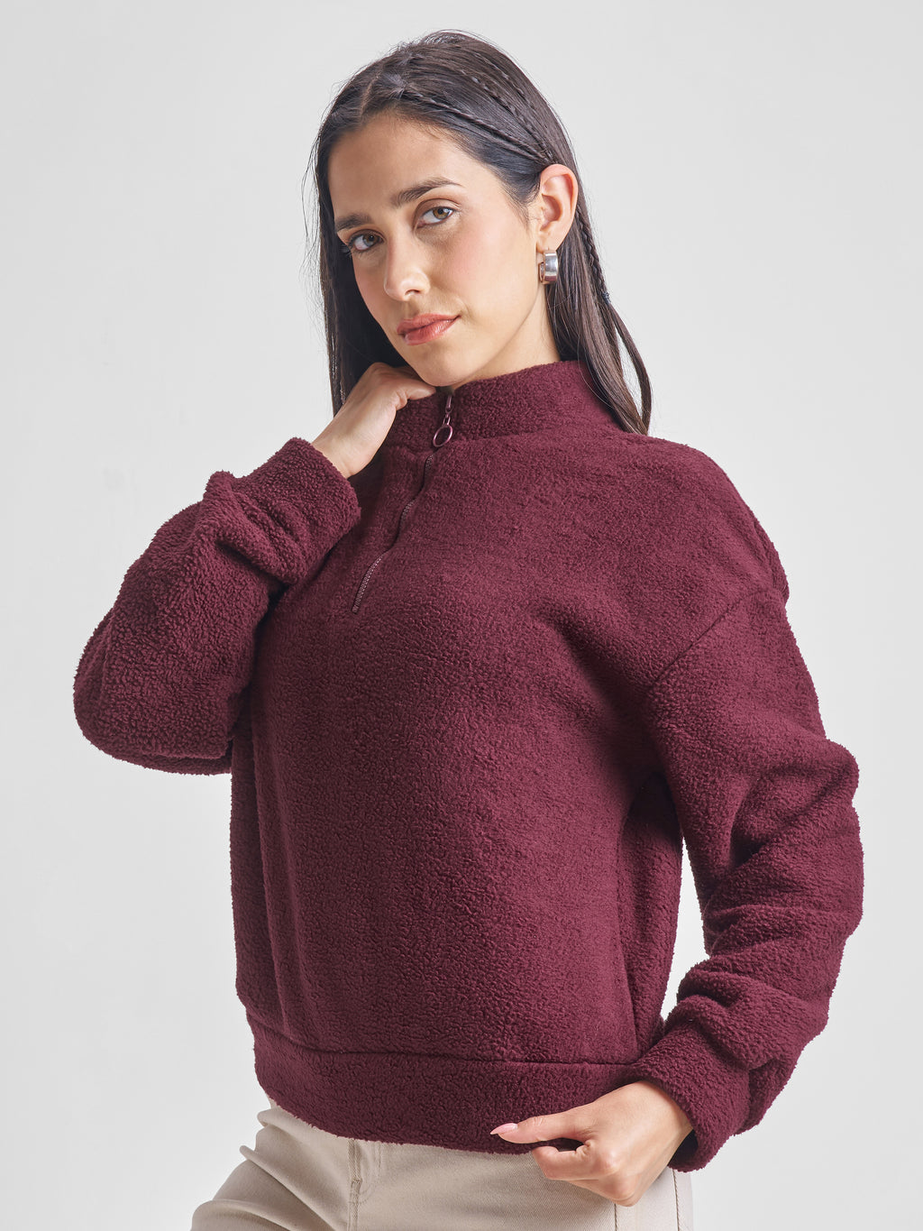 Tokyo Talkies Women Maroon Solid Pullover High Neck Sweatshirt - Maroon - Image 4