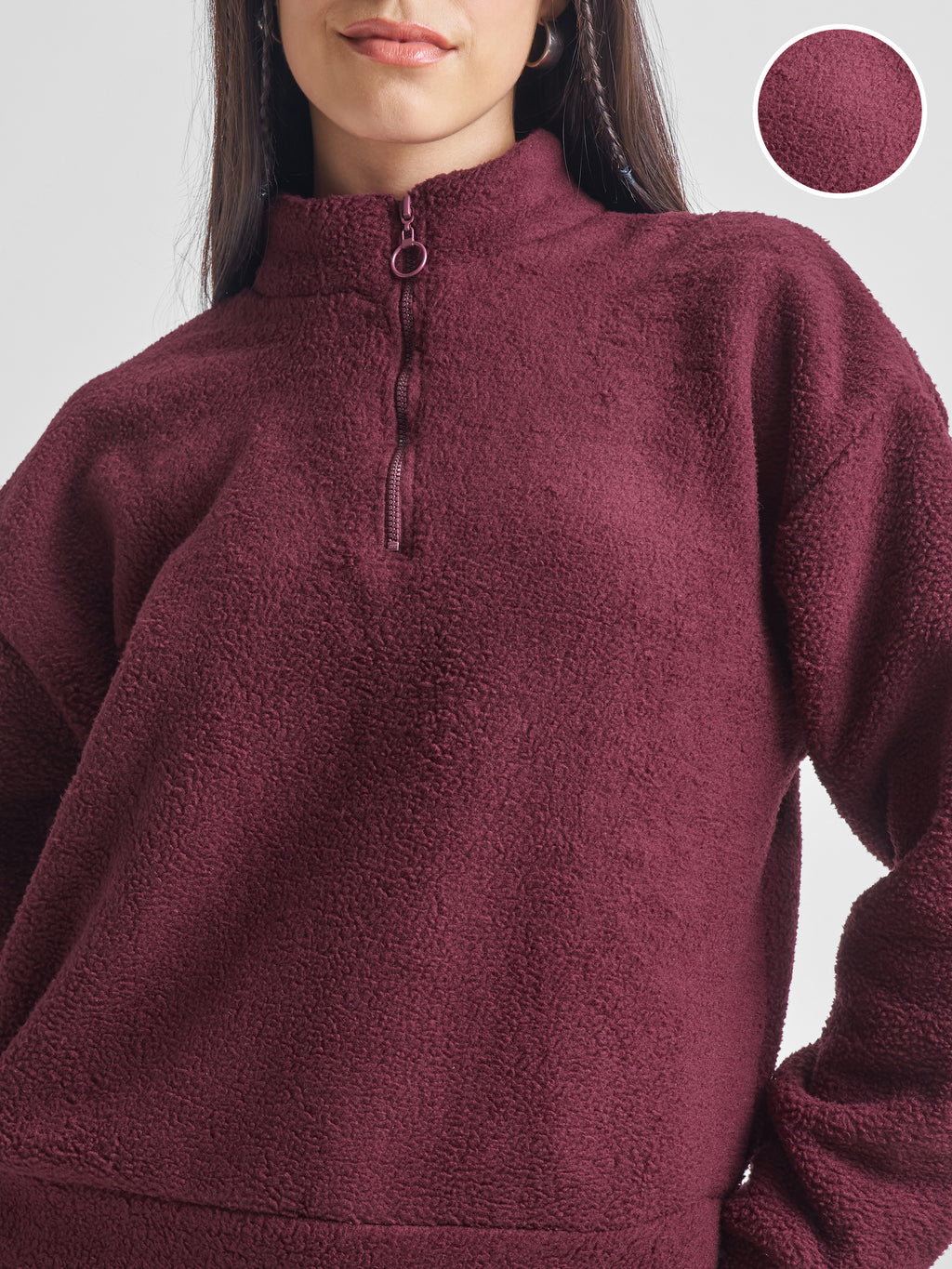 Tokyo Talkies Women Maroon Solid Pullover High Neck Sweatshirt - Maroon - Image 5