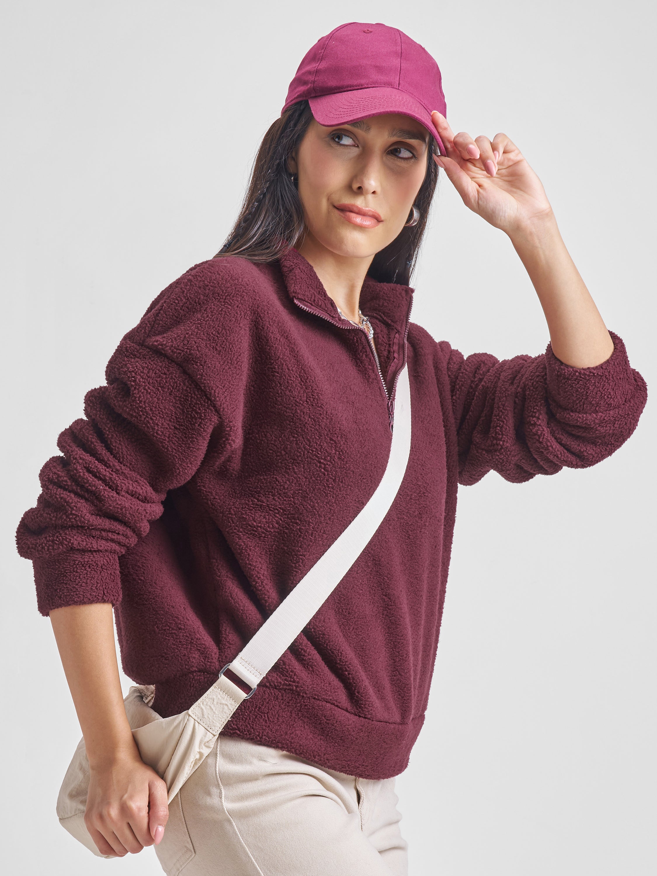 Tokyo Talkies Women Maroon Solid Pullover High Neck Sweatshirt - Maroon - Image 6