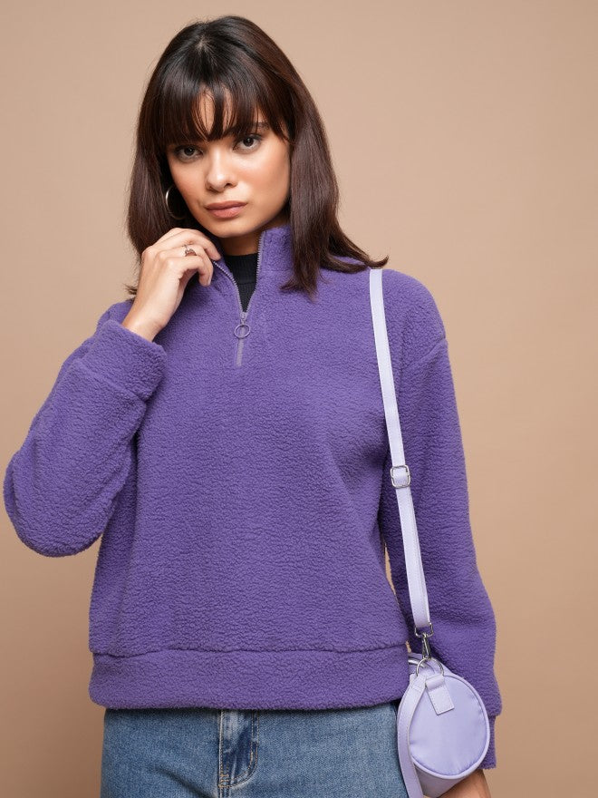 Tokyo Talkies Women Purple Solid Pullover High Neck Sweatshirt - Purple - Image 1