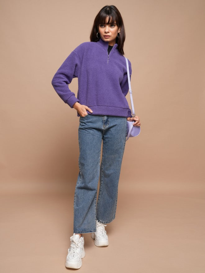 Tokyo Talkies Women Purple Solid Pullover High Neck Sweatshirt - Purple - Image 2