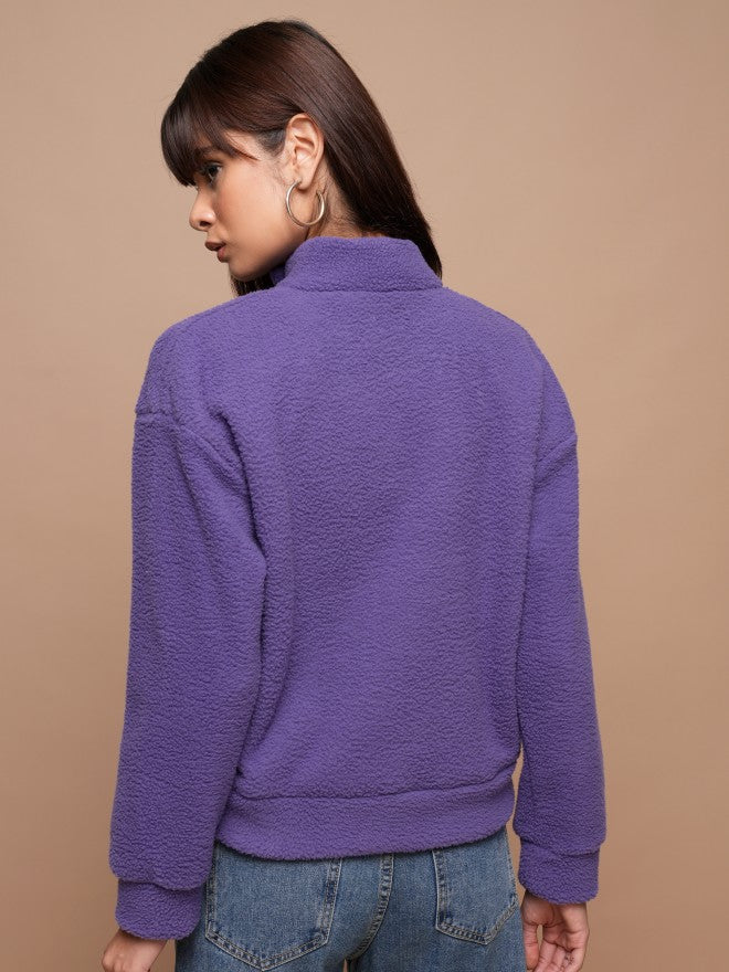 Tokyo Talkies Women Purple Solid Pullover High Neck Sweatshirt - Purple - Image 3