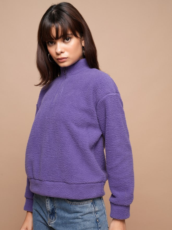 Tokyo Talkies Women Purple Solid Pullover High Neck Sweatshirt - Purple - Image 4