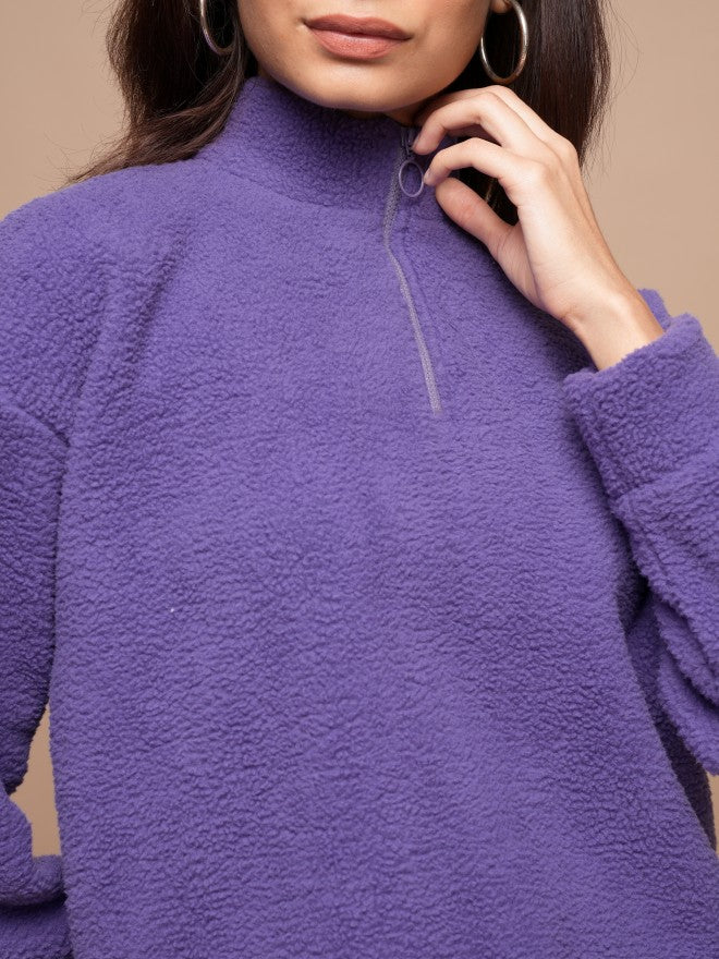Tokyo Talkies Women Purple Solid Pullover High Neck Sweatshirt - Purple - Image 5