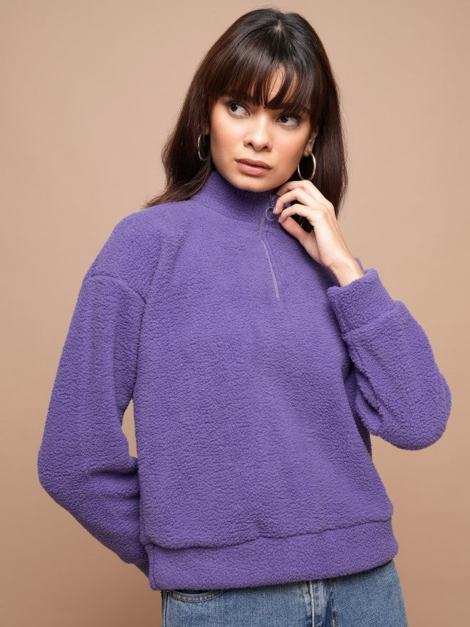 Tokyo Talkies Women Purple Solid Pullover High Neck Sweatshirt - Purple - Image 6