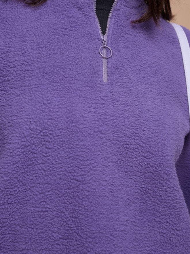 Tokyo Talkies Women Purple Solid Pullover High Neck Sweatshirt - Purple - Image 7