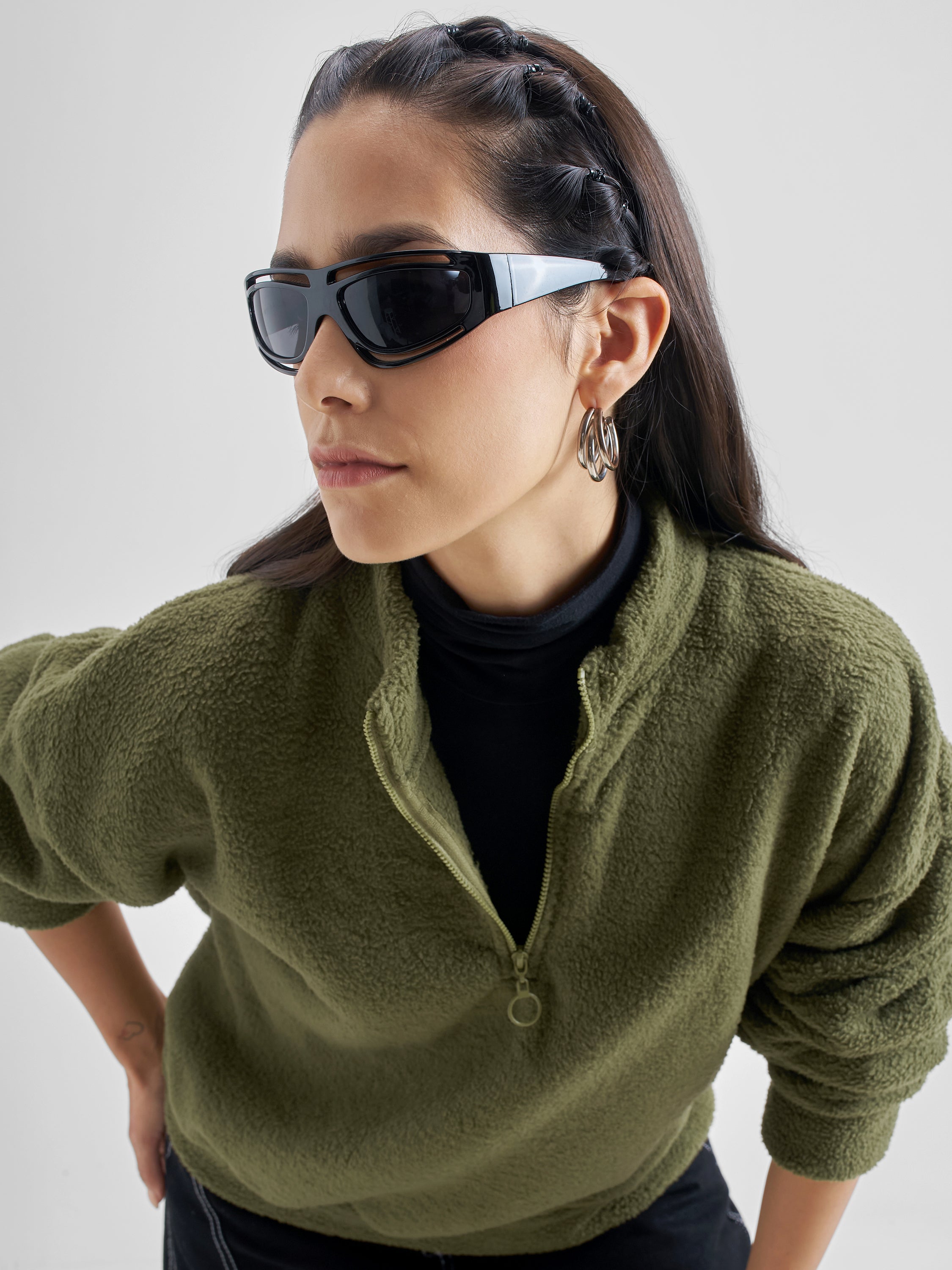 Tokyo Talkies Women Olive Solid Pullover High Neck Sweatshirt - Olive - Image 1