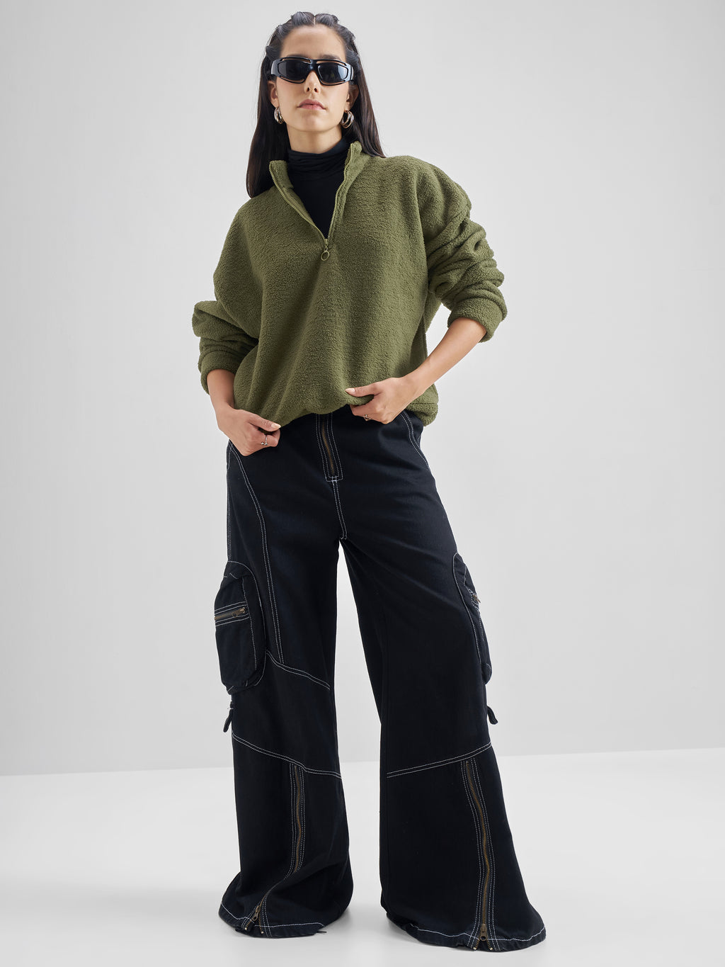 Tokyo Talkies Women Olive Solid Pullover High Neck Sweatshirt - Olive - Image 2