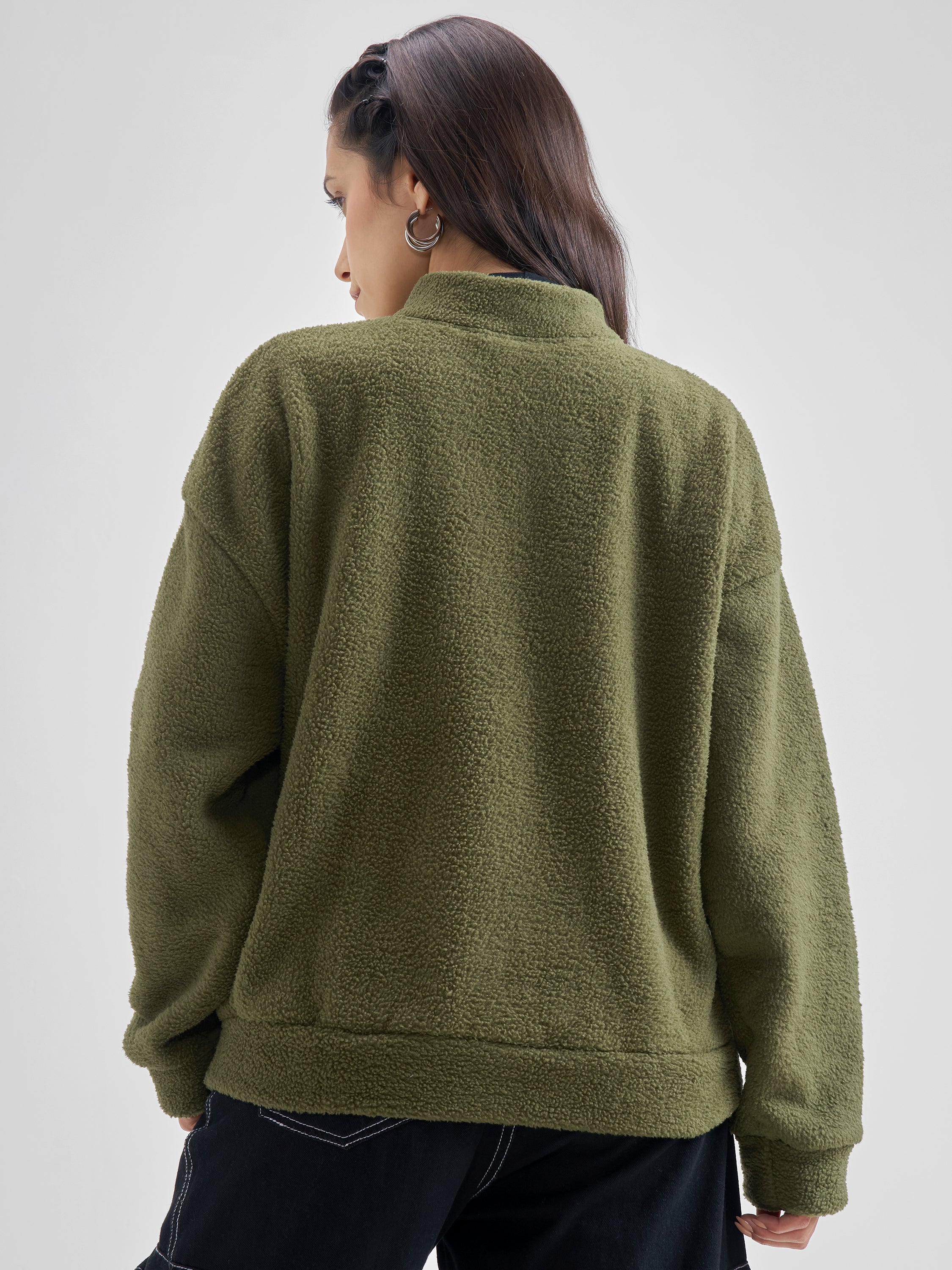 Tokyo Talkies Women Olive Solid Pullover High Neck Sweatshirt - Olive - Image 3