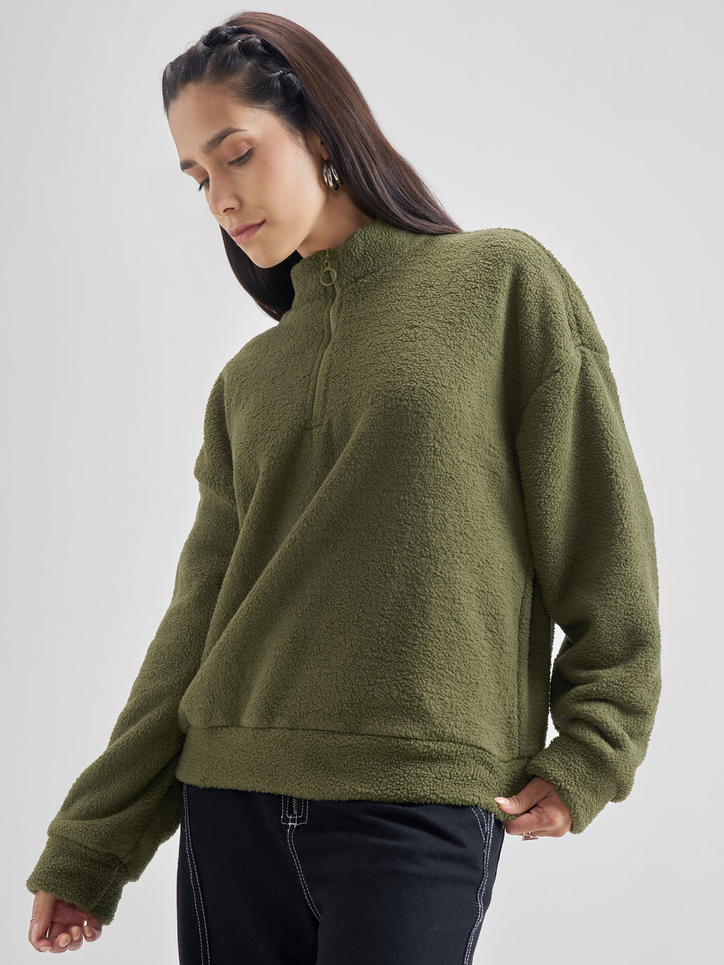 Tokyo Talkies Women Olive Solid Pullover High Neck Sweatshirt - Olive - Image 4