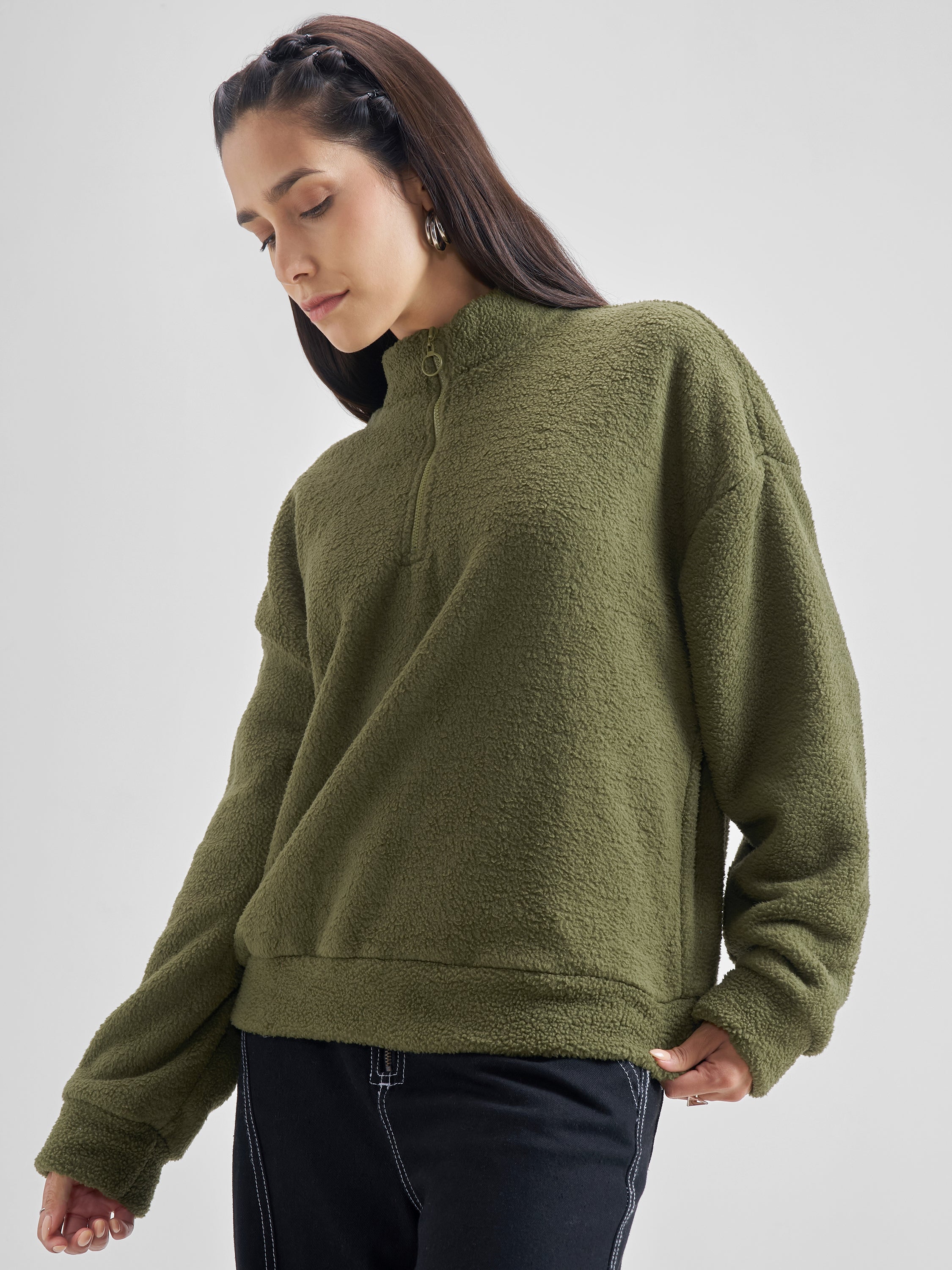 Tokyo Talkies Women Olive Solid Pullover High Neck Sweatshirt - Olive - Image 4