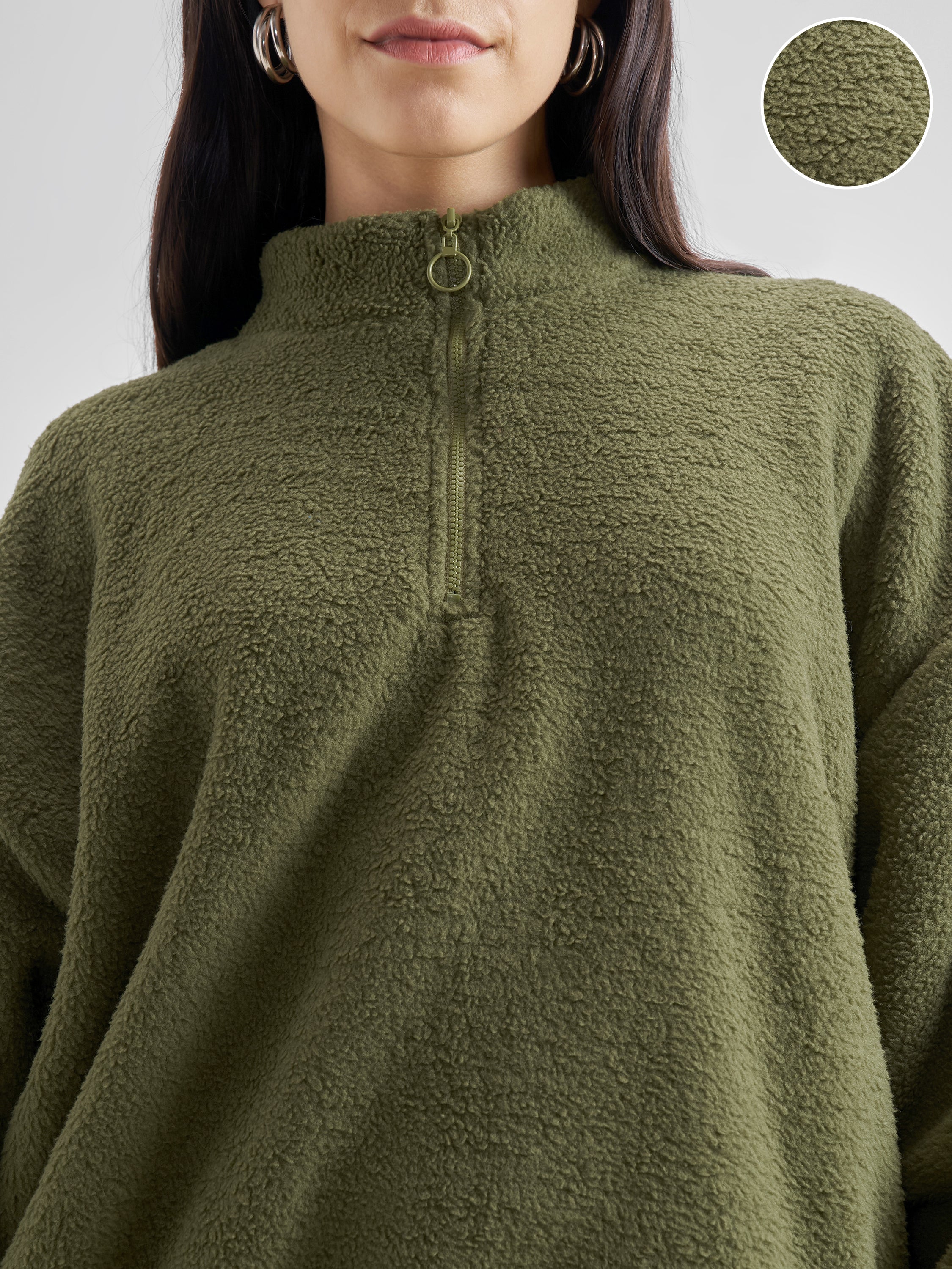 Tokyo Talkies Women Olive Solid Pullover High Neck Sweatshirt - Olive - Image 5