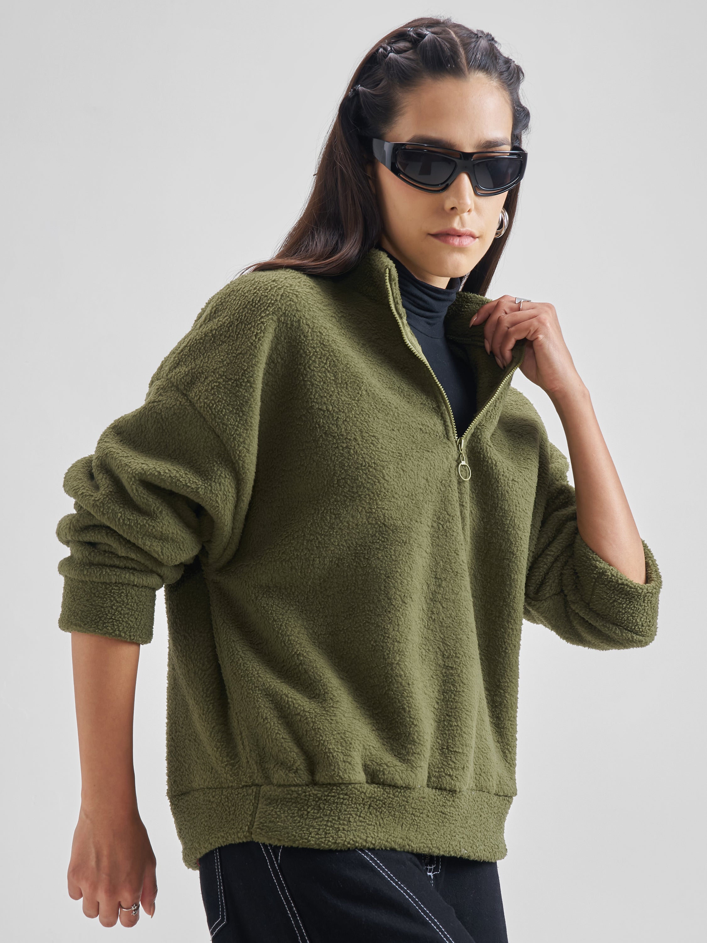Tokyo Talkies Women Olive Solid Pullover High Neck Sweatshirt - Olive - Image 6