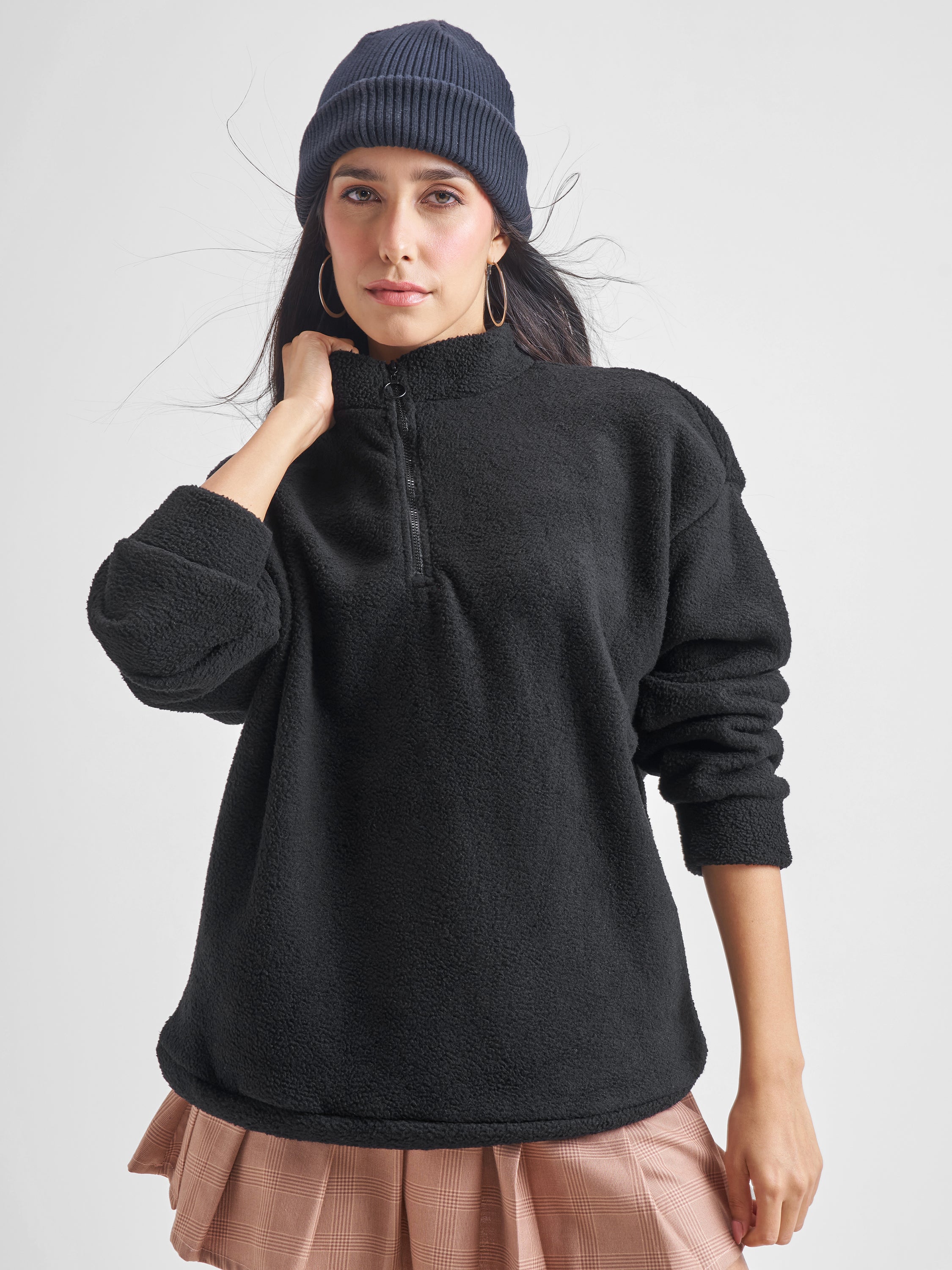 Tokyo Talkies Women Black Solid Pullover High Neck Sweatshirt - Black - Image 1
