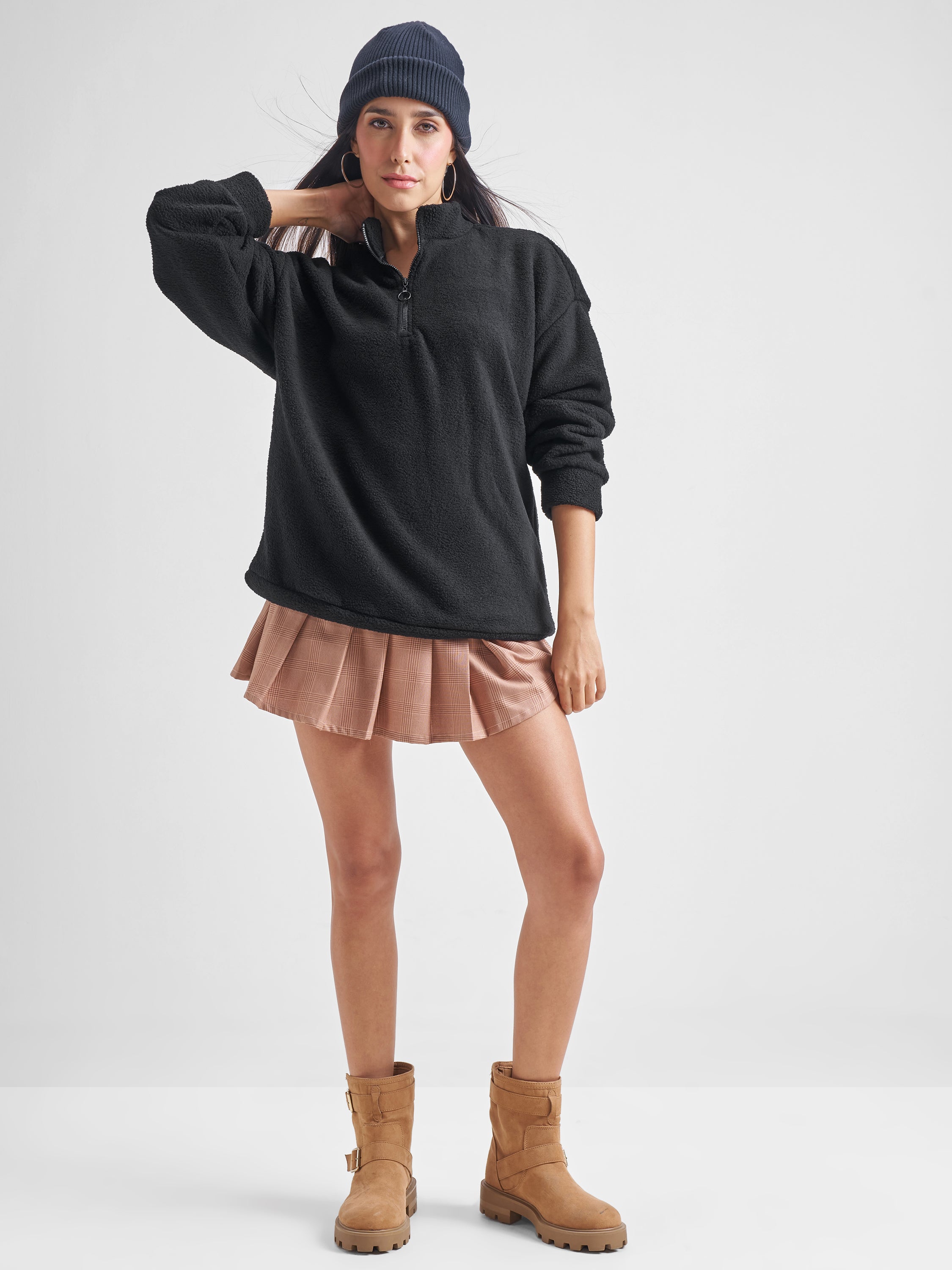 Tokyo Talkies Women Black Solid Pullover High Neck Sweatshirt - Black - Image 2