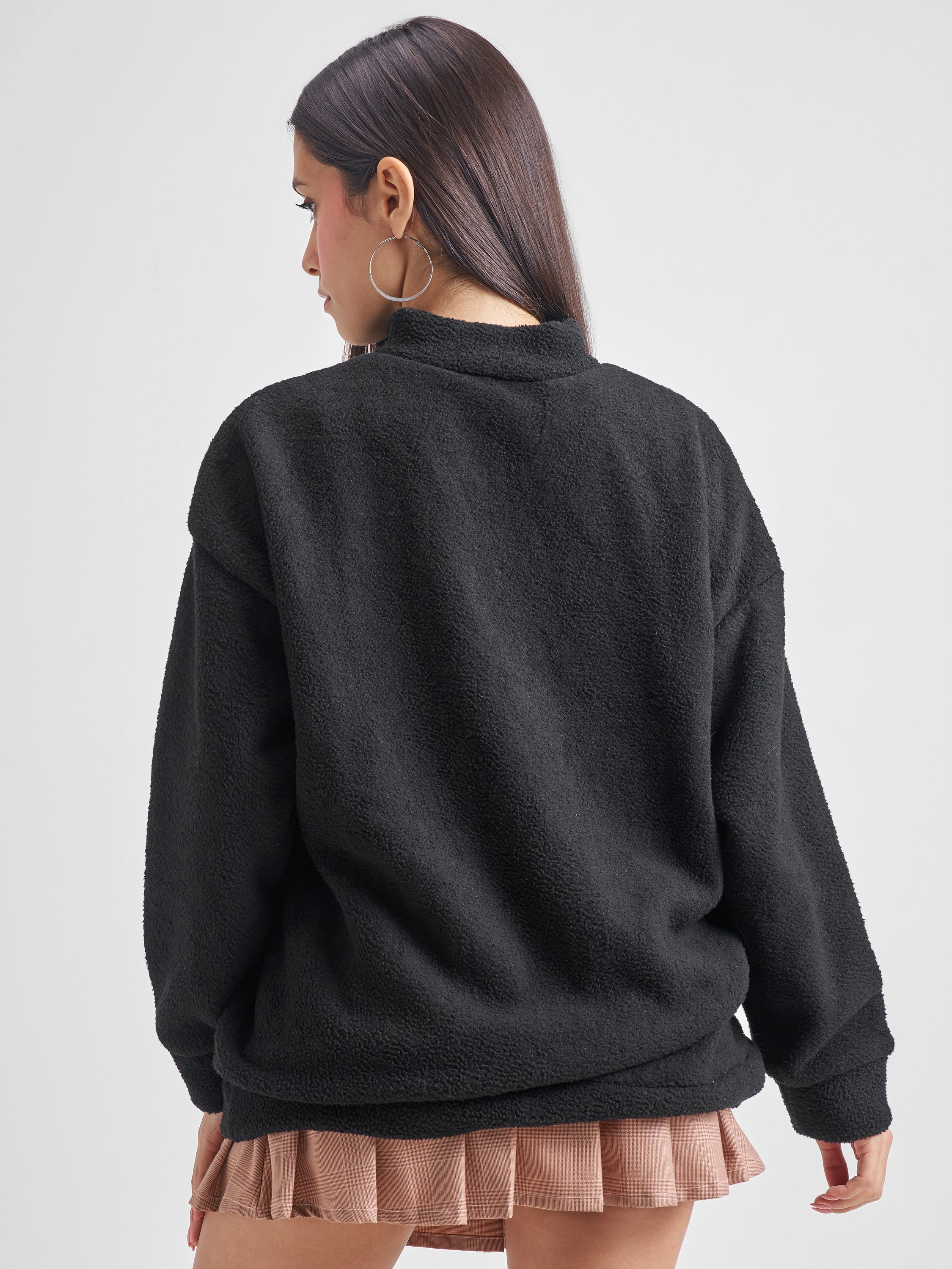Tokyo Talkies Women Black Solid Pullover High Neck Sweatshirt - Black - Image 3
