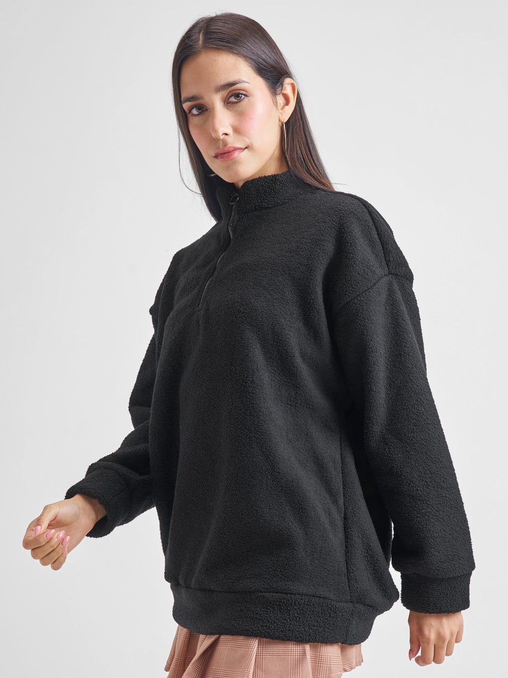 Tokyo Talkies Women Black Solid Pullover High Neck Sweatshirt - Black - Image 4