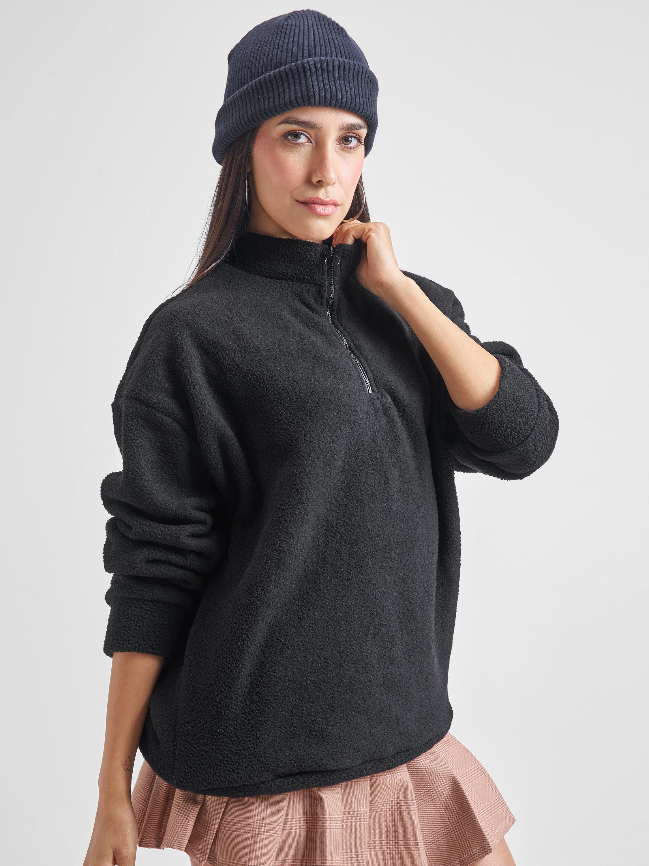 Tokyo Talkies Women Black Solid Pullover High Neck Sweatshirt - Black - Image 6