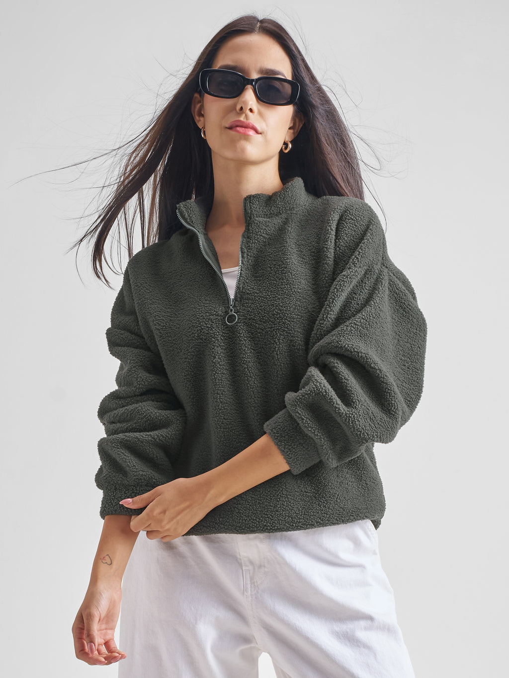 Tokyo Talkies Women Grey Solid Pullover High Neck Sweatshirt - Grey - Image 1