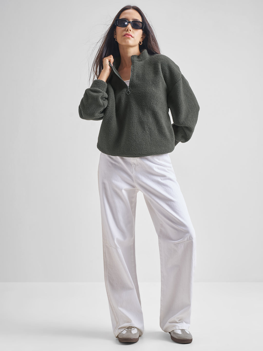 Tokyo Talkies Women Grey Solid Pullover High Neck Sweatshirt - Grey - Image 2
