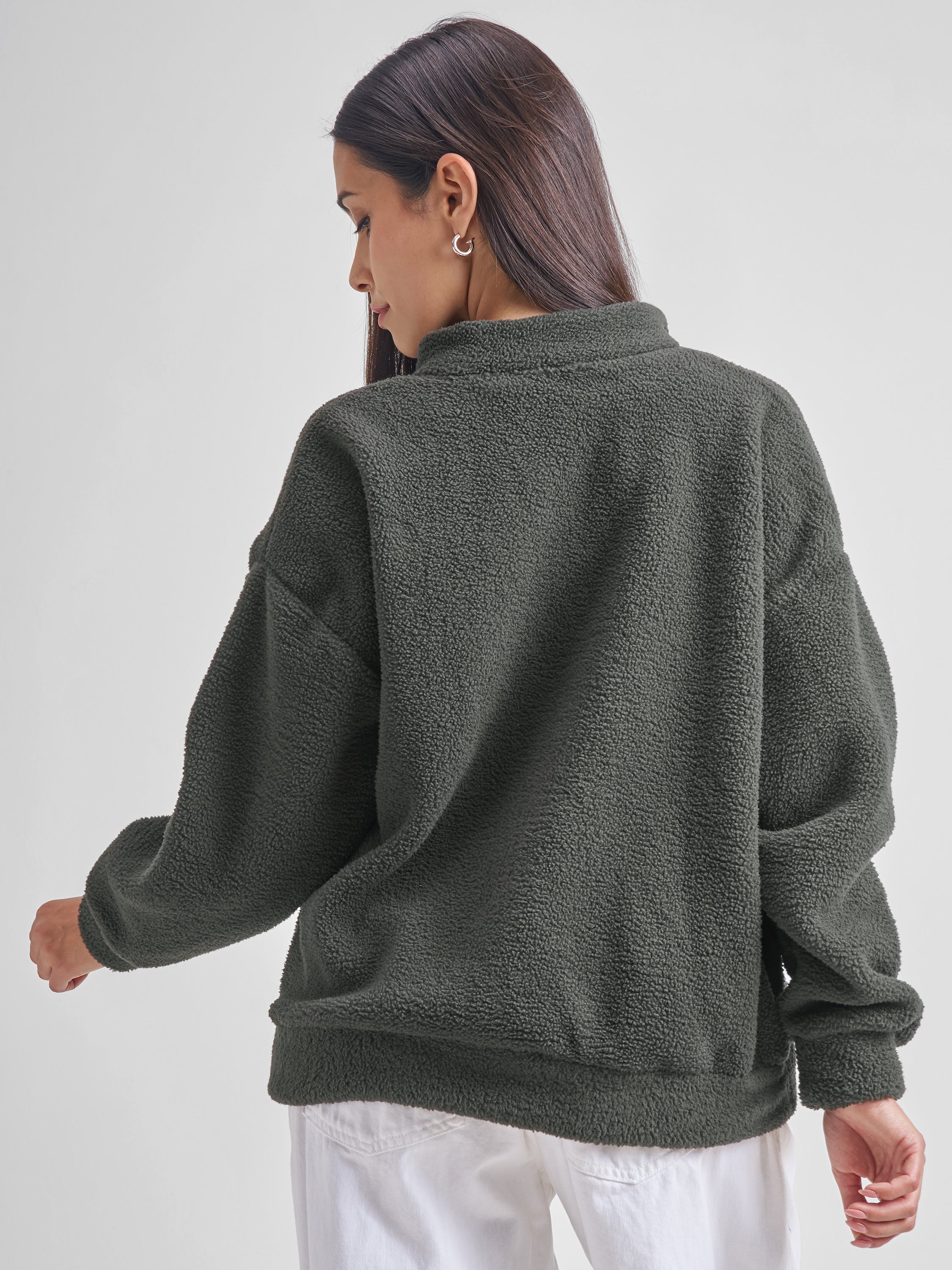 Tokyo Talkies Women Grey Solid Pullover High Neck Sweatshirt - Grey - Image 3