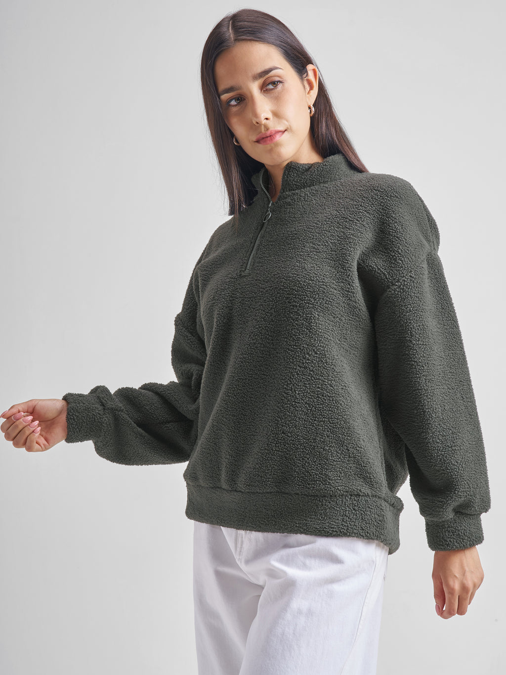 Tokyo Talkies Women Grey Solid Pullover High Neck Sweatshirt - Grey - Image 4