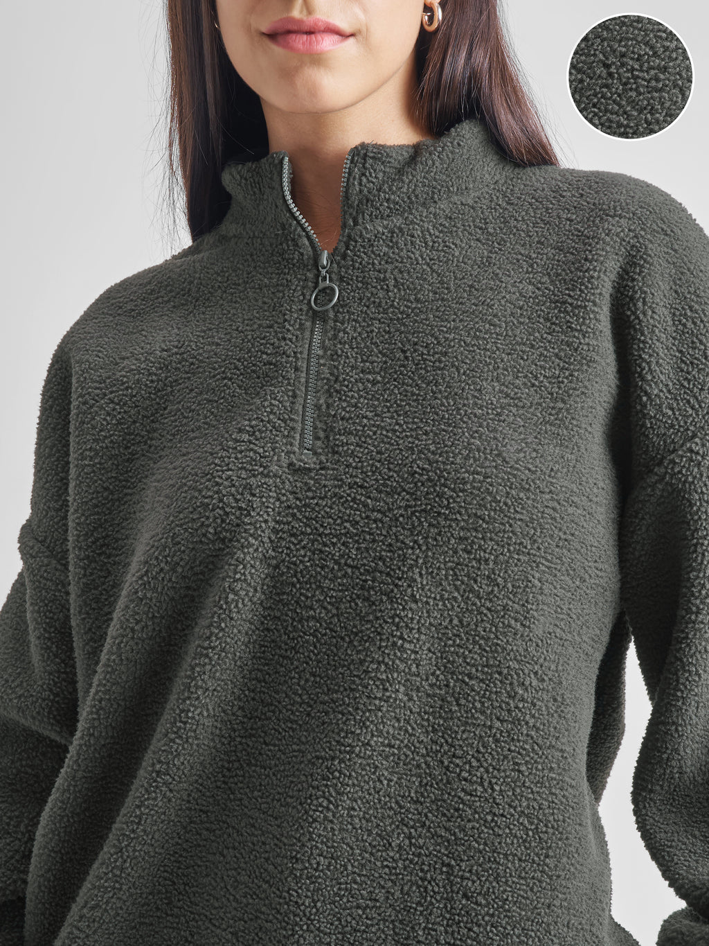 Tokyo Talkies Women Grey Solid Pullover High Neck Sweatshirt - Grey - Image 5