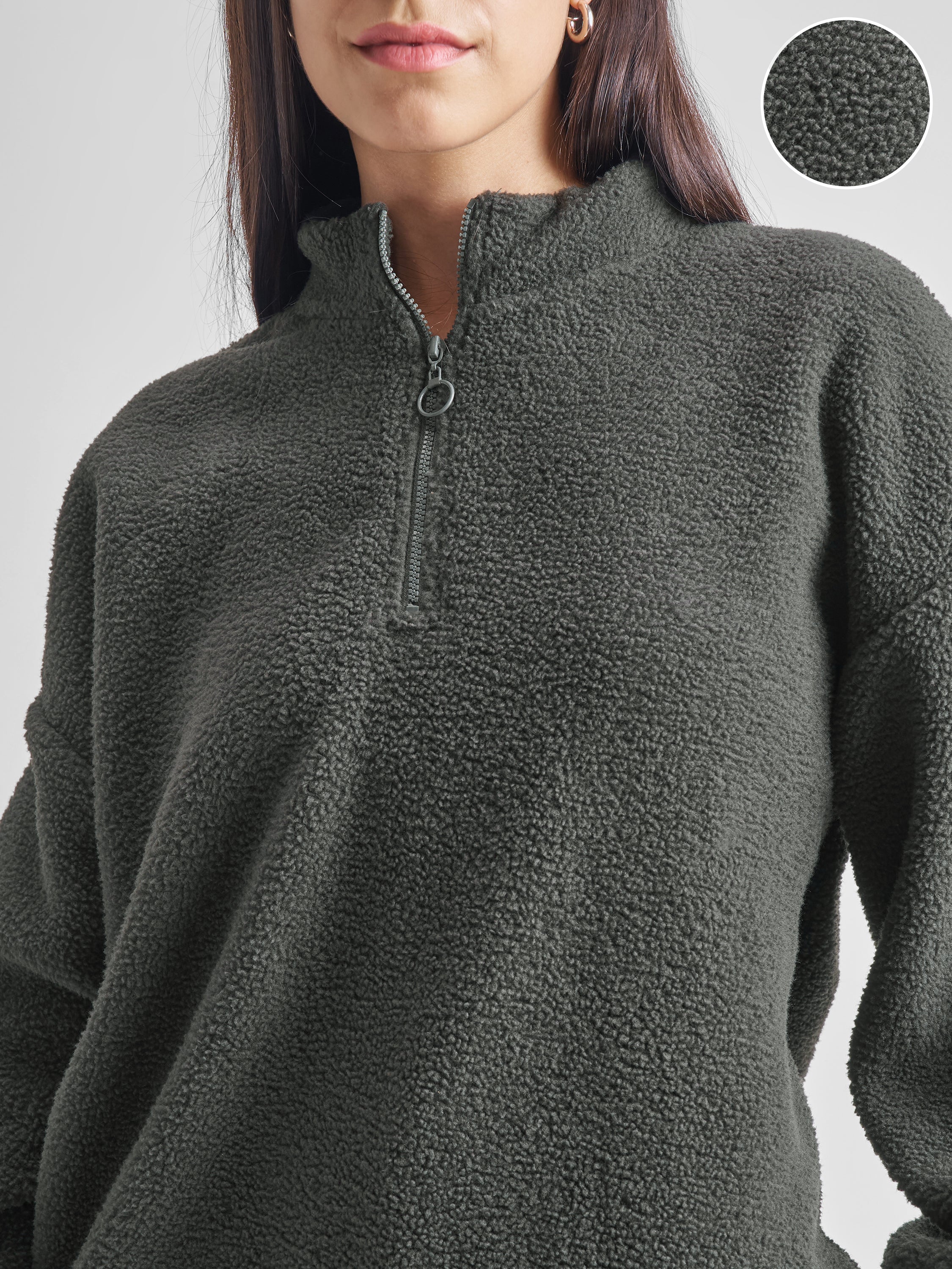 Tokyo Talkies Women Grey Solid Pullover High Neck Sweatshirt - Grey - Image 5