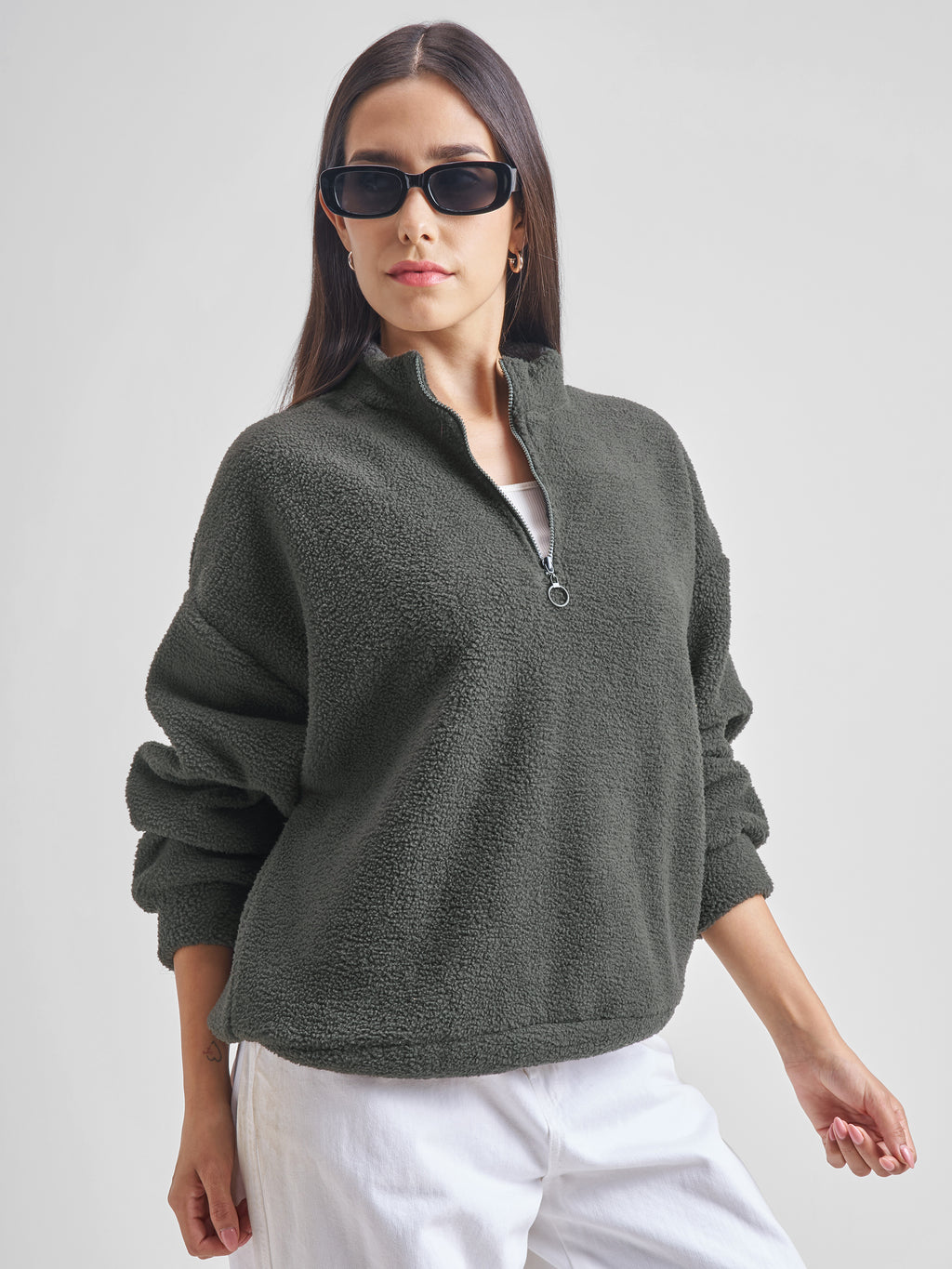Tokyo Talkies Women Grey Solid Pullover High Neck Sweatshirt - Grey - Image 6